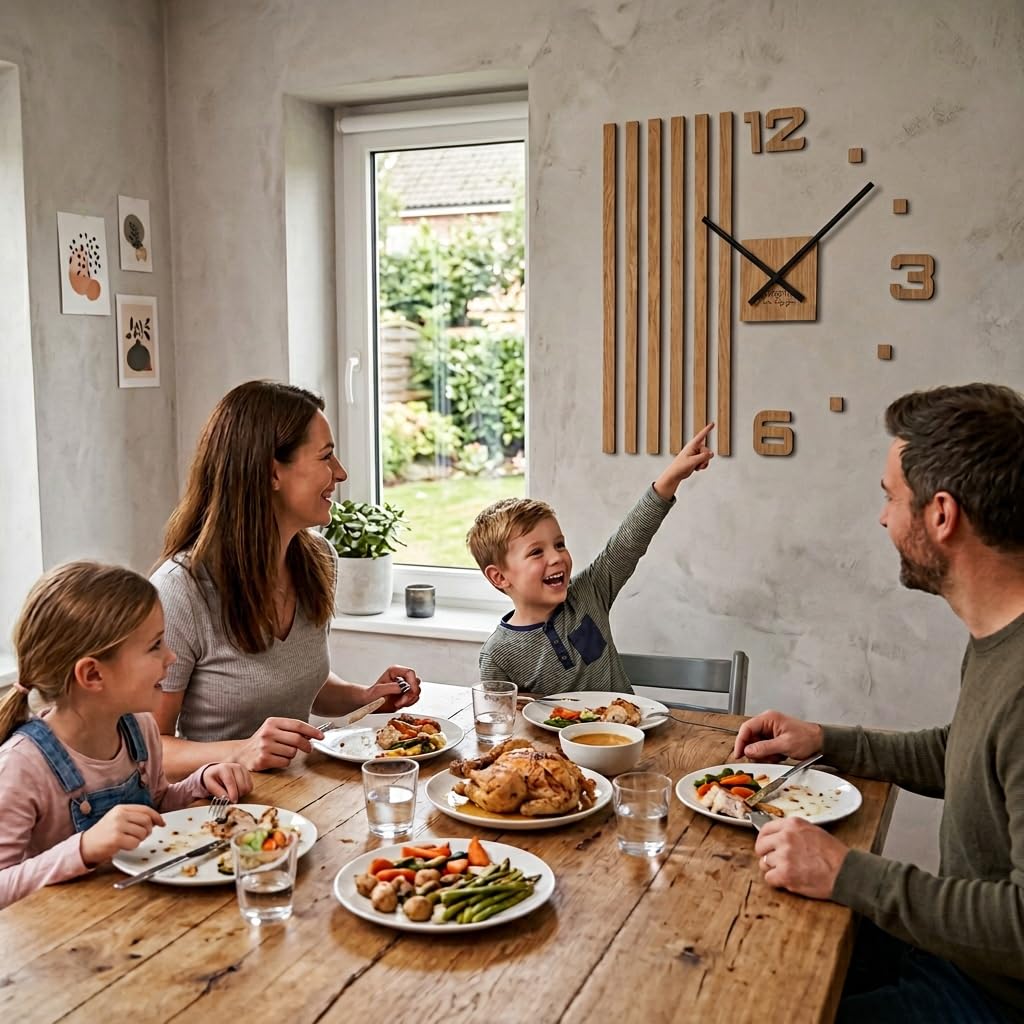 3D Wanduhren DIY Holz Eiche Lamellen große 60 cm 3D Wanduhr Modern Design EKO Wandtattoo Dekoration Uhren für Büro Wohnzimmer Schlafzimmer Dekoartikel Quarzuhr (Schwarze Zeiger)