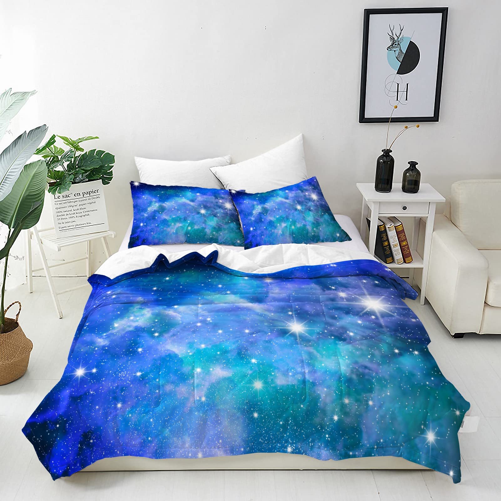 ANHOPE Galaxy Duvet Cover Set Soft Comforter Cover Space Blue Nebula Stars Print Pattern 3 Piece Bedding Set with Pillowcase All Season Quilt Cover with Zipper for Kids Adults King Size โ image 1