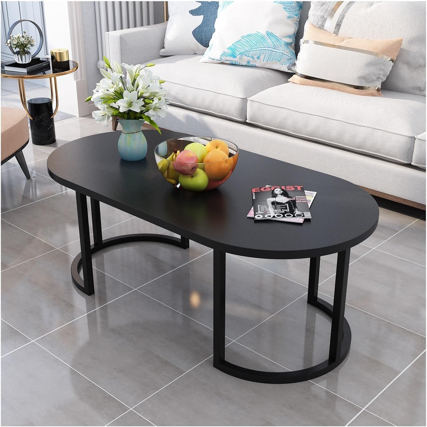 NEST NATURE HAVEN Modern Center Table for Living Room with Storage Shelf, Oval Coffee Table with Wooden Top & Metal Frame Base Sofa Table Tea Table for Apartment Hallway Hotels Black