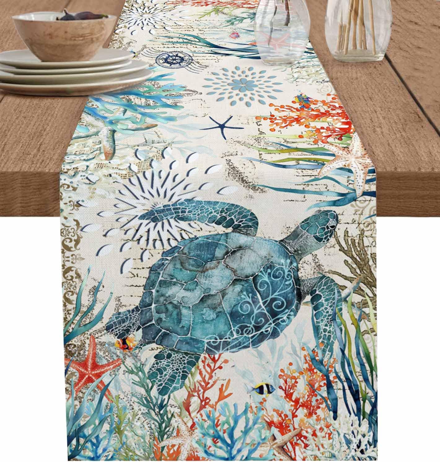 Coastal Sea Turtle Table Runners 90 Inches Long Dress Scarves, Teal Summer Beach Coffee Kitchen Table Decor, Farmhouse Coral Nautical Vintage Table Runner for Living Room, 13x90 Inch