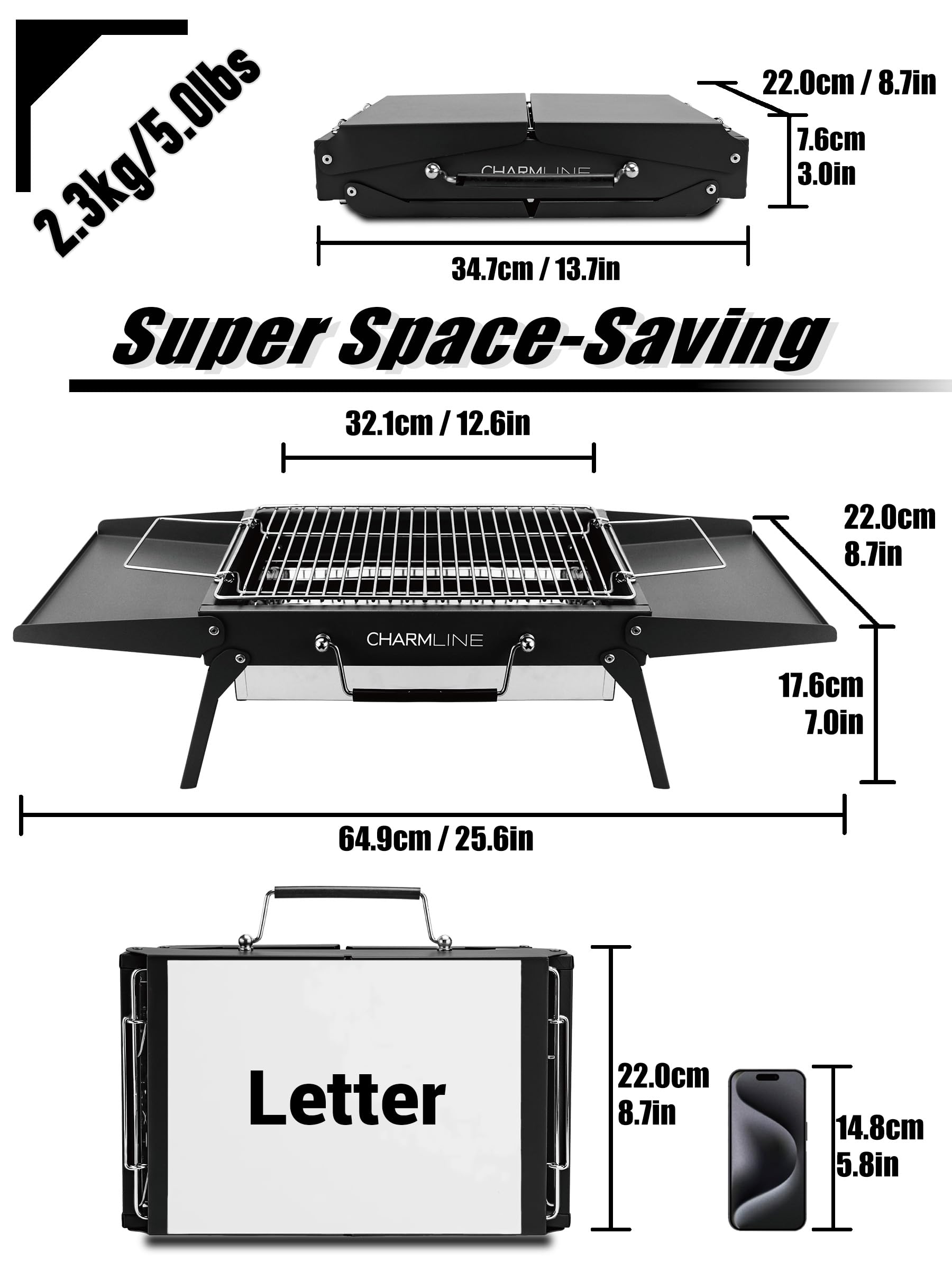 Charmline 35x23cm Foldable Portable Holzkohlegrill, Kleiner Campinggrill Holzkohle, Picknickgrill Grill, BBQ Grill für Outdoor, Geeignet für Gärten, Strände, Rasenflächen und Tischplatten, Schwarz