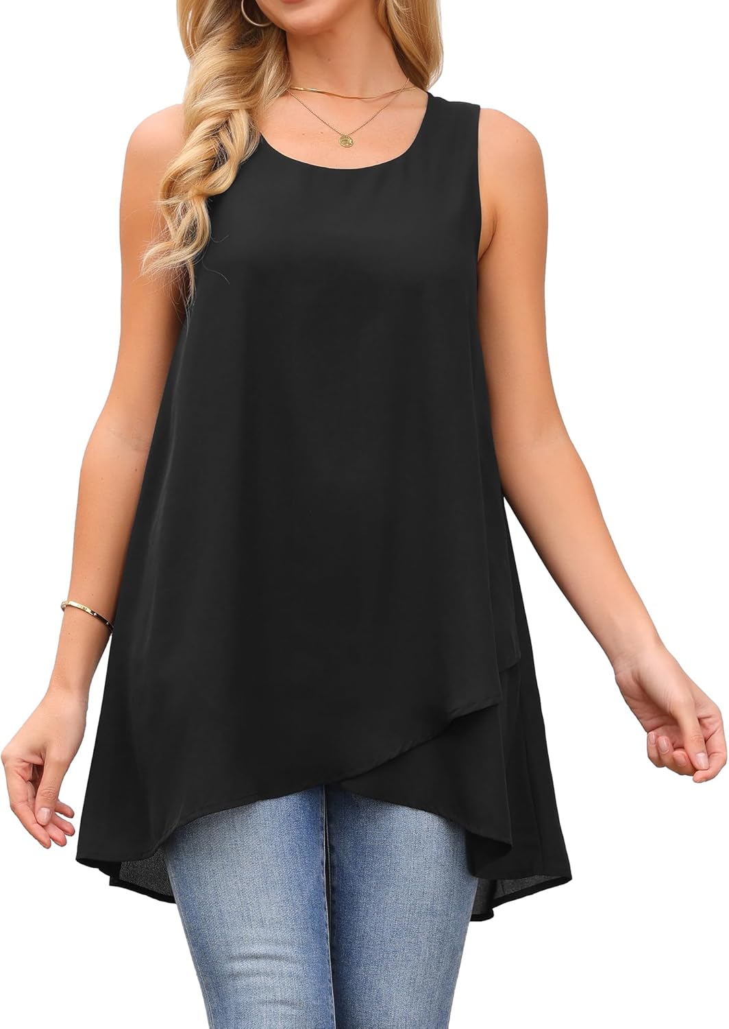 Seta T Women's High Low Top Casual Sleeveless Chiffon Blouse Crewneck Asymmetrical Loose Shirt Summer Tops