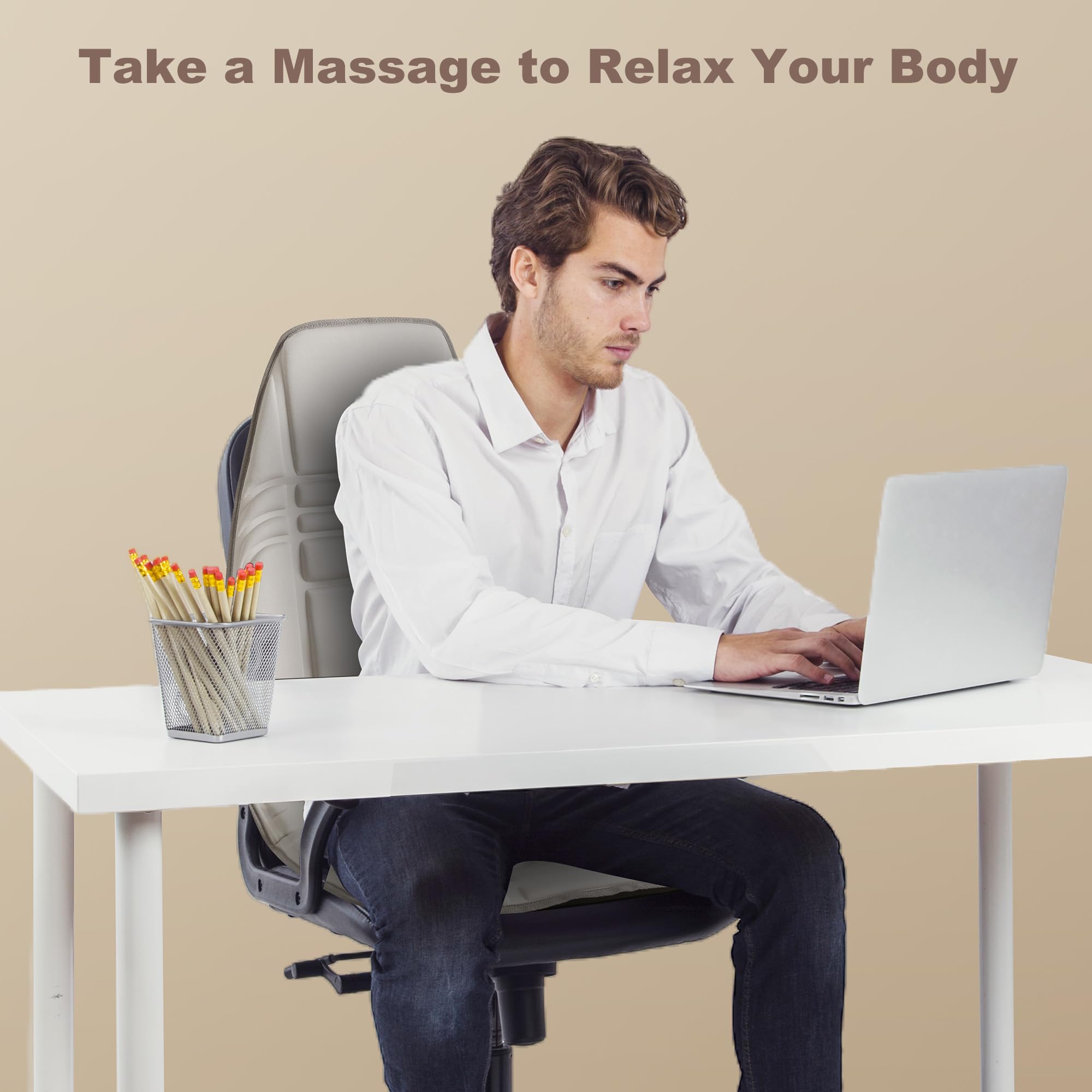 Snailax Funda de Masaje para Asiento con Calor y vibración, 10 Motores de vibración, Almohadilla de Masaje para Espalda y Cuello, masajeador de Espalda para el hogar y la Oficina, Beige