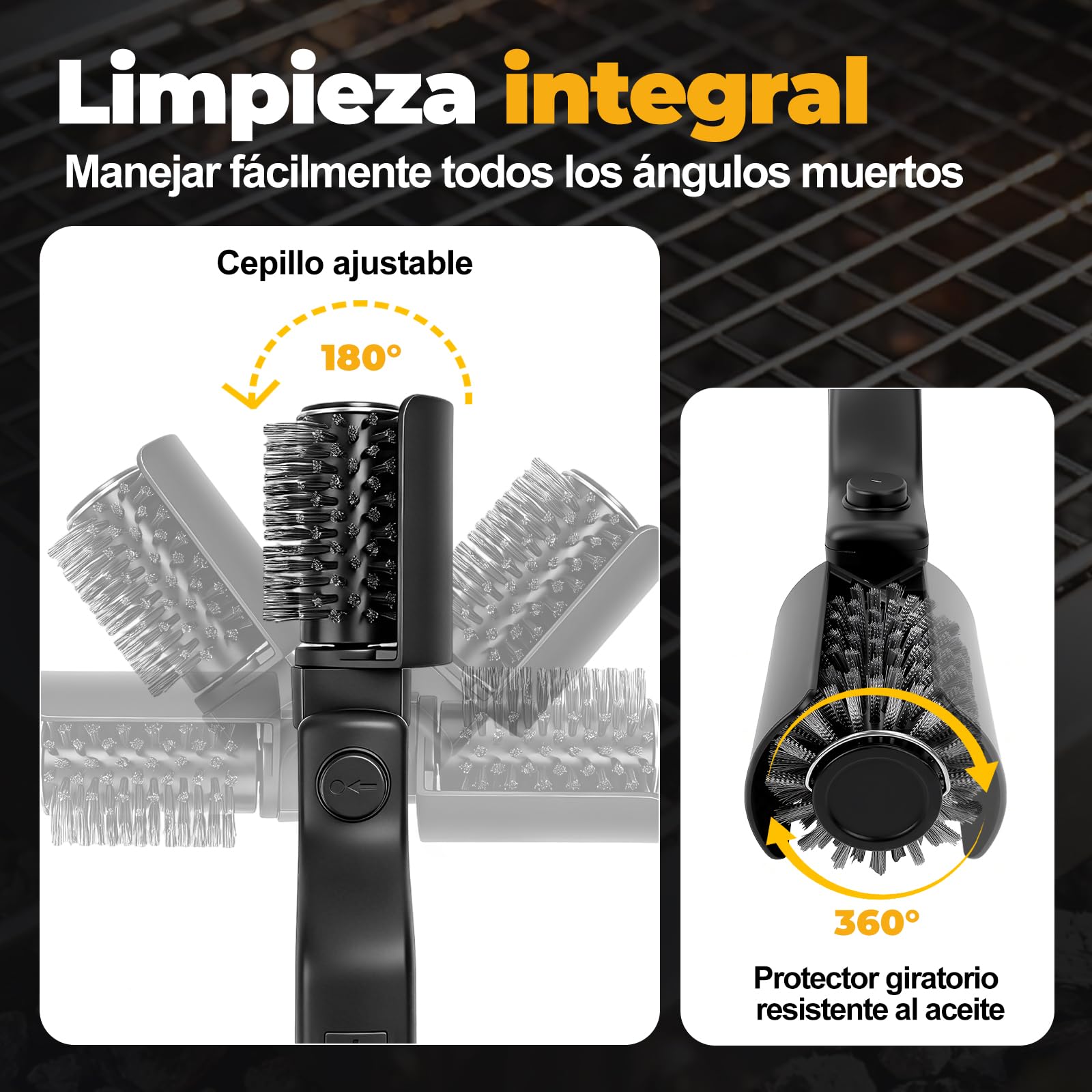 Cepillo Eléctrico para Barbacoa 2 En 1, Cepillo Eléctrico con 3 Niveles De Limpieza/Rotación De 360°/400 RPM, Recargable con Cabezales Intercambiables para Todas Las Parrillas