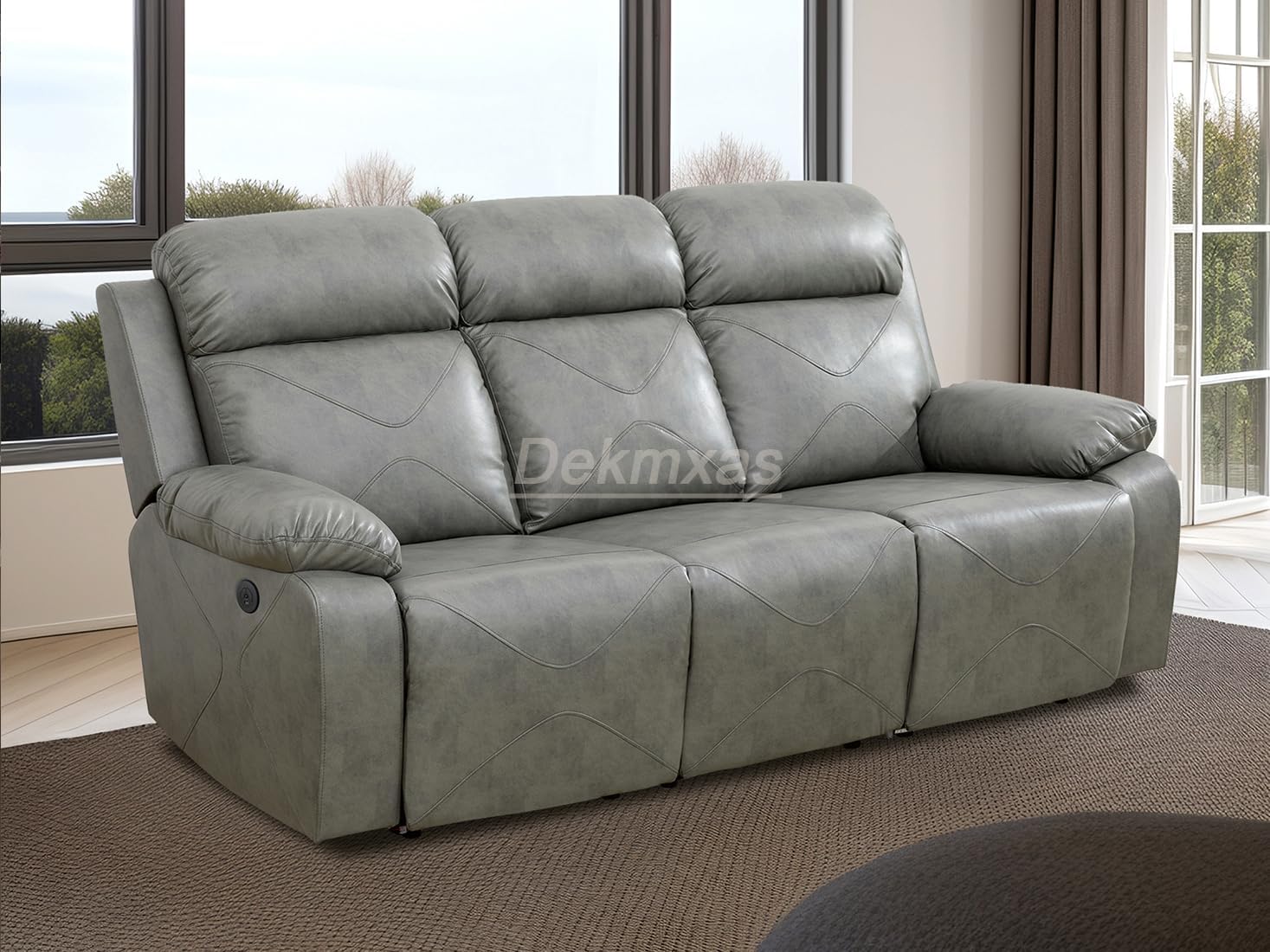 Furniture Set Gray Adjustable Manual Recliner Breathing Leather Couch Living Room Sofa with Cup Holders/LED Light/USB Port for Living Room, Apartment(Grey)