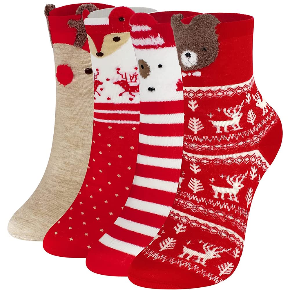Daarcin Women's Socks,Stocking Stuffers 4 Pairs Womens Chirstmas Socks Super Cute Cartoon Novelty Patterned