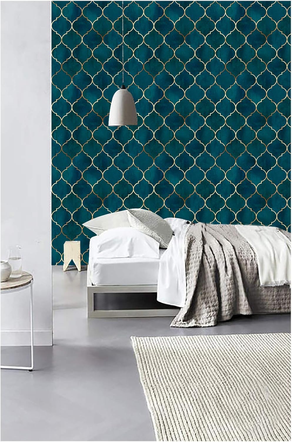 HAOKHOME Peel and Stick Wallpaper Geometric Graphic Trellis Emerald/Sapphire Blue/Bronze Removable Contact Paper for Home Bathroom Decorations 17.7in x 9.8ft