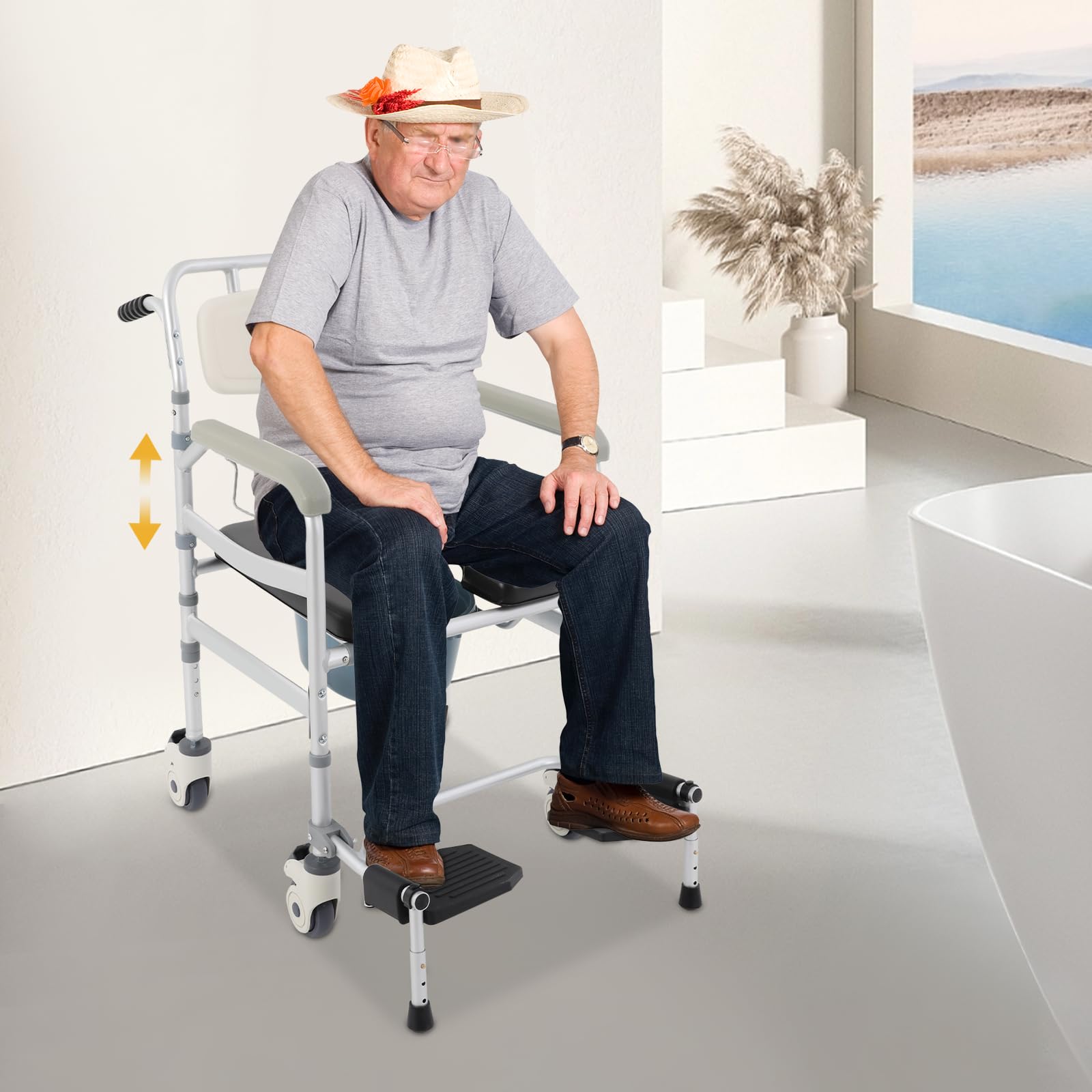Sedia WC per anziani con ruote, sedia da doccia pieghevole con secchio WC regolabile in altezza in lega di alluminio, portata 150 kg