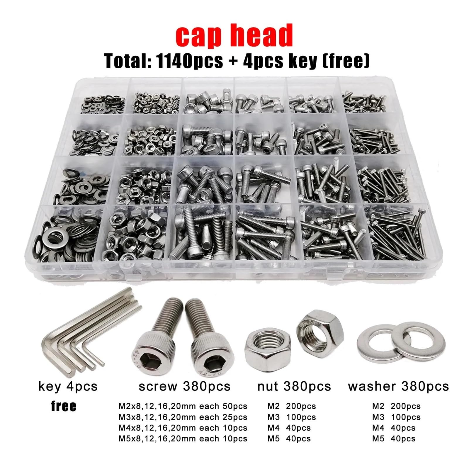 GamirA 1140 Uds M2 M3 M4 M5 304 Acero Inoxidable Allen Hexagonal Tapa de Casquillo botón Cabeza Plana Tornillo Tuerca arandela Juego Surtido (Color : Cap Head)