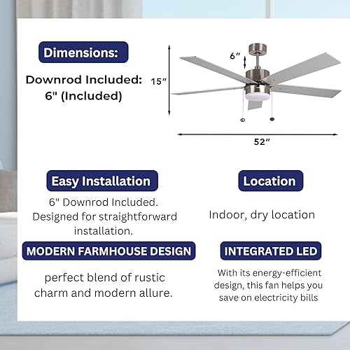 Miniatura 3 de HOMEnhancements PC552 Ventilador cilíndrico moderno de níquel cepillado de 5 aspas con cuchillas reversibles platanogal y kit de luz Kelvin