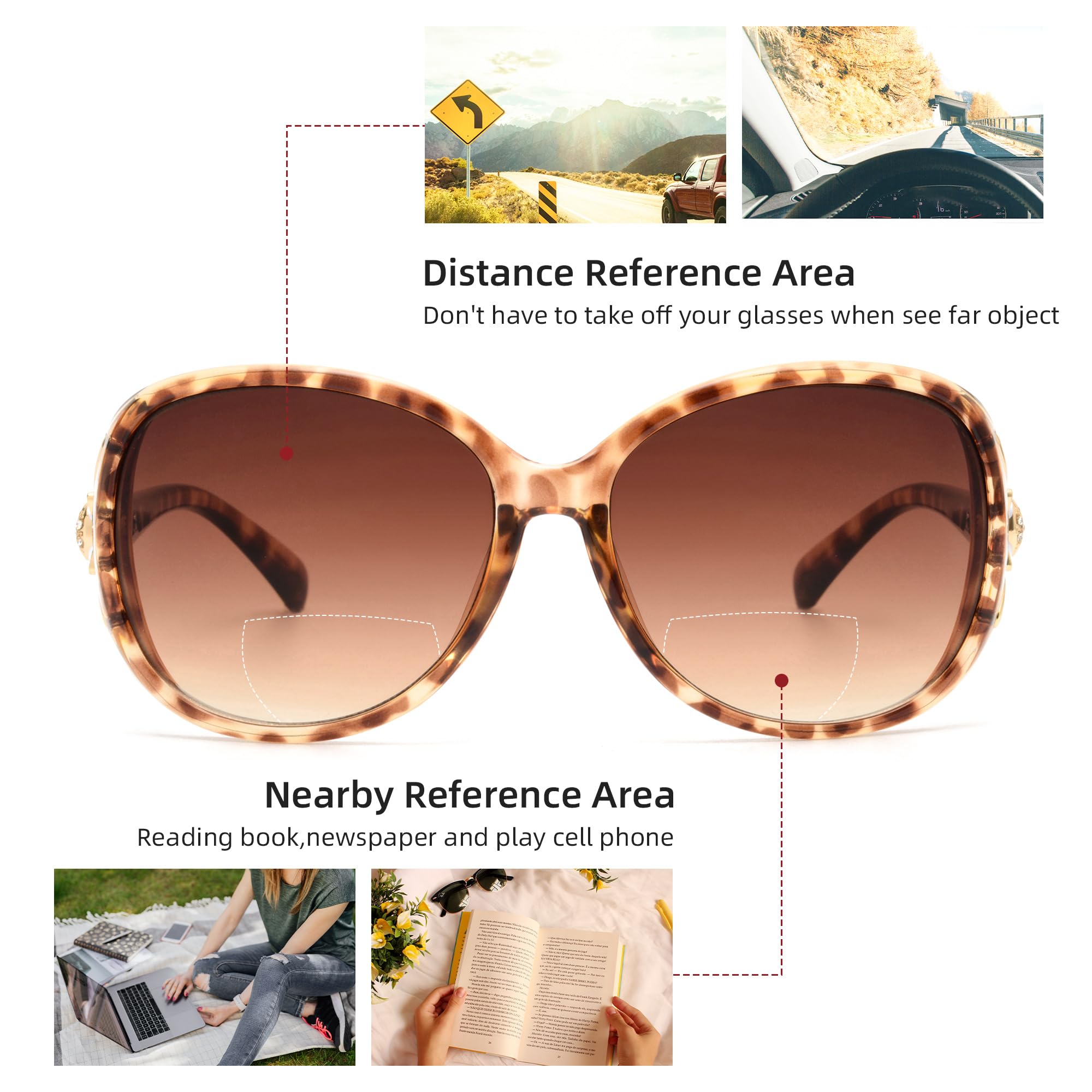 JM Classic Bifocal Reading Sunglasses for Women Vintage Reader Glasses Outdoor Brown(200838) +2.5 - Image 4