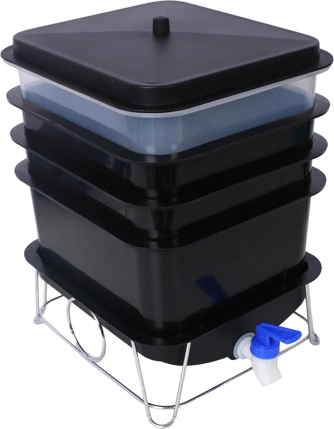 ESPIDOO Worm Farm Composting Bin 4 Tray: 20L Stackable Compost Bin with Tools - Black PP Plastic for Indoor & Outdoor Organic Waste Recycling - Includes Gloves Coconut Brick Scraper & Rake
