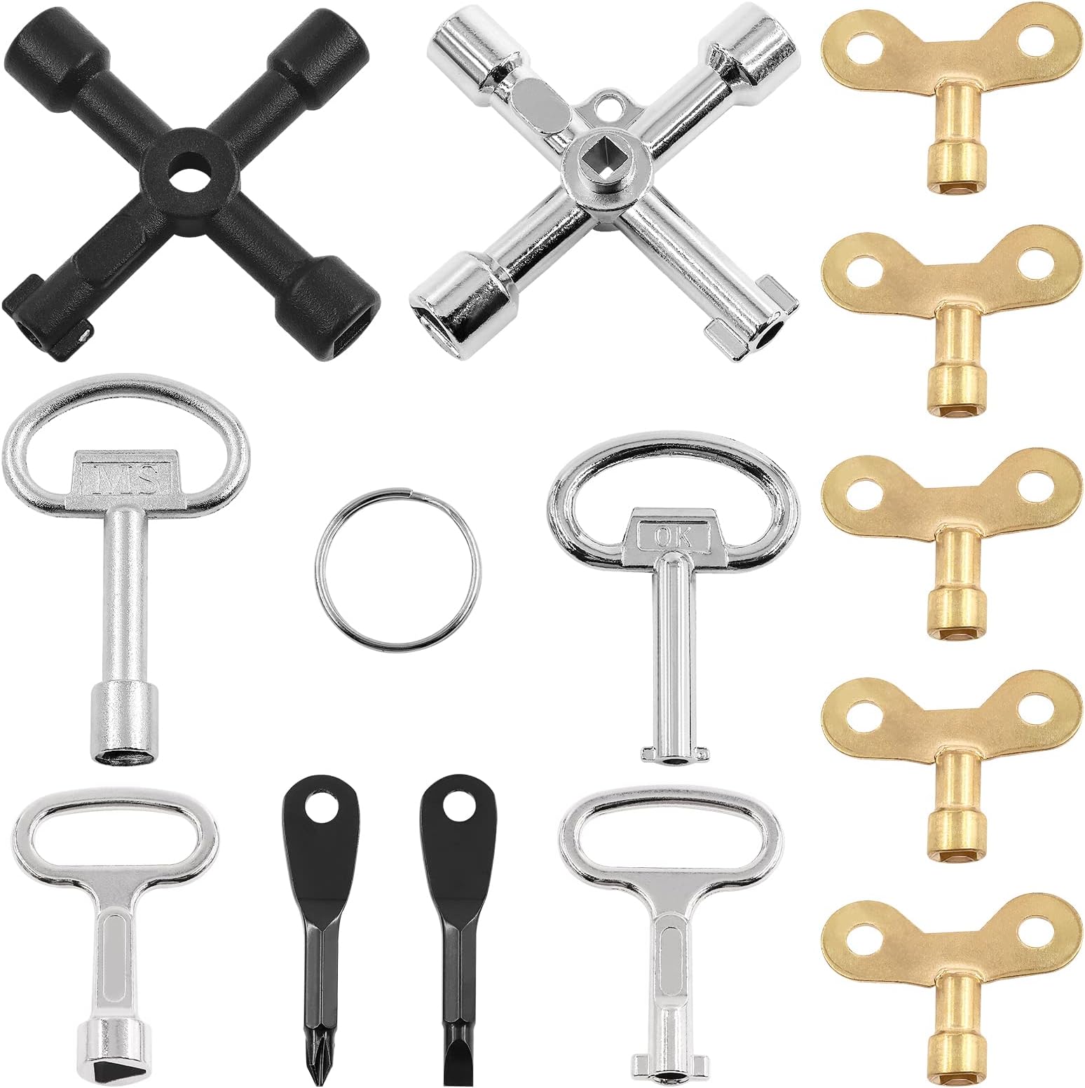 13 Pcs Utility Keys Kit, 4 Way Cross Key, Triangle Cabinet Spanner Keys, Water Tap Faucet Socket Key for for Plumbers Radiators Gas Electric Meter Boxes