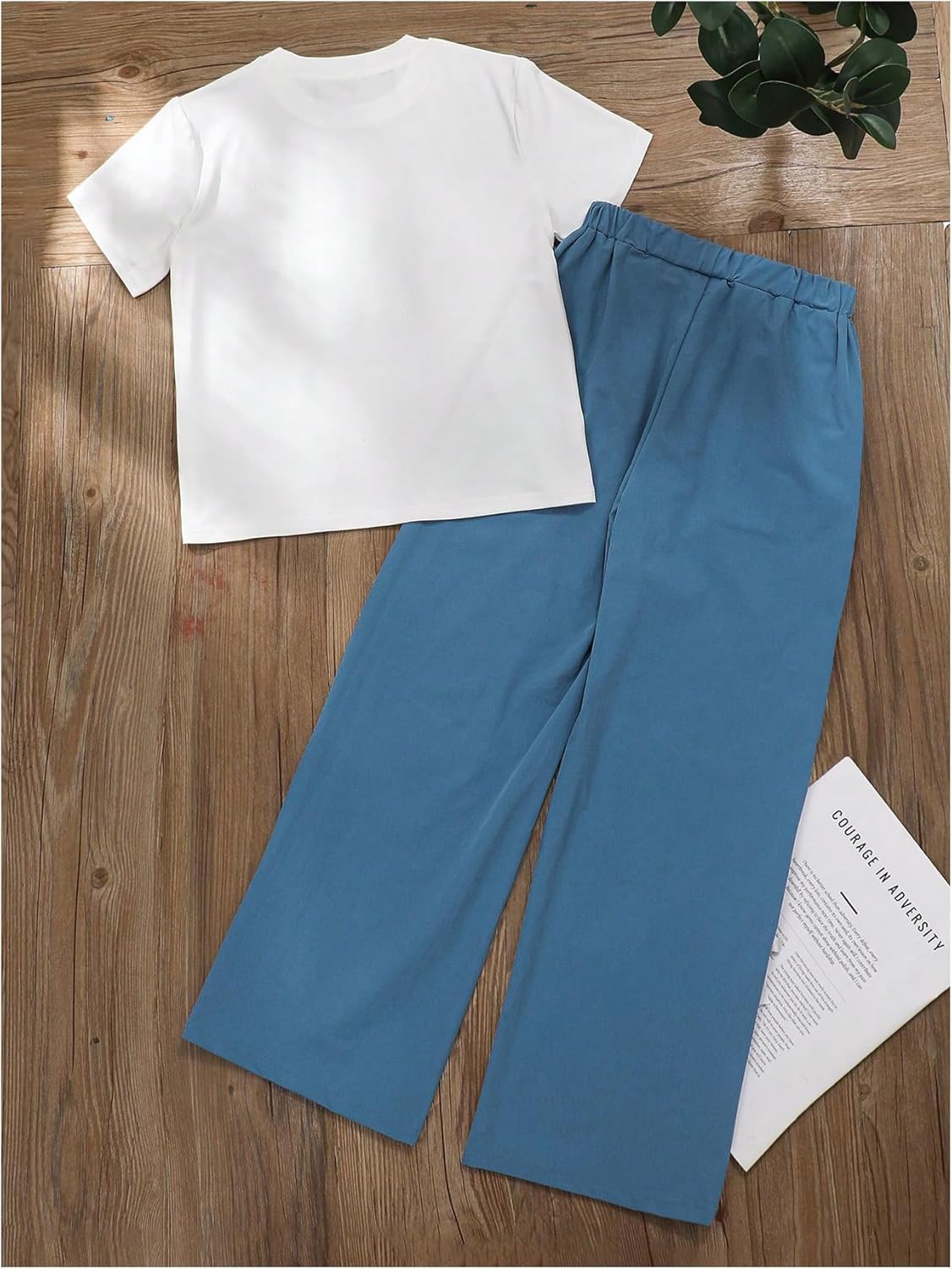 SOLY HUX Girl's 2 Piece Outfits Bow Short Sleeve T Shirts and Wide Leg Pants Set Summer Clothes Blue and White 12Y - Image 2