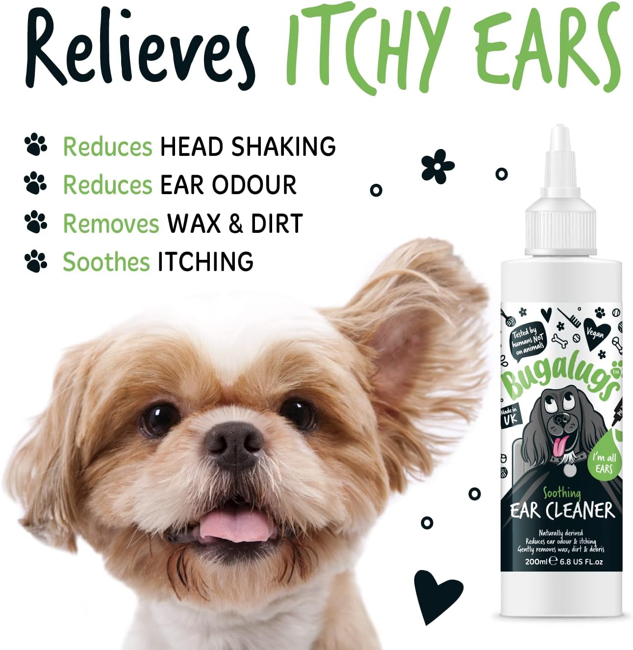 BUGALUGS Dog Ear Cleaner Dog Ear Cleaner Solution 200ml Stop Head