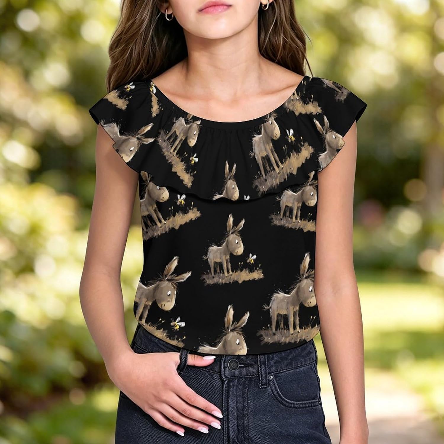 Donkey with A Bee Girls T-Shirts Top Ruffle Short Sleeve Blouse Casual Graphic Tees