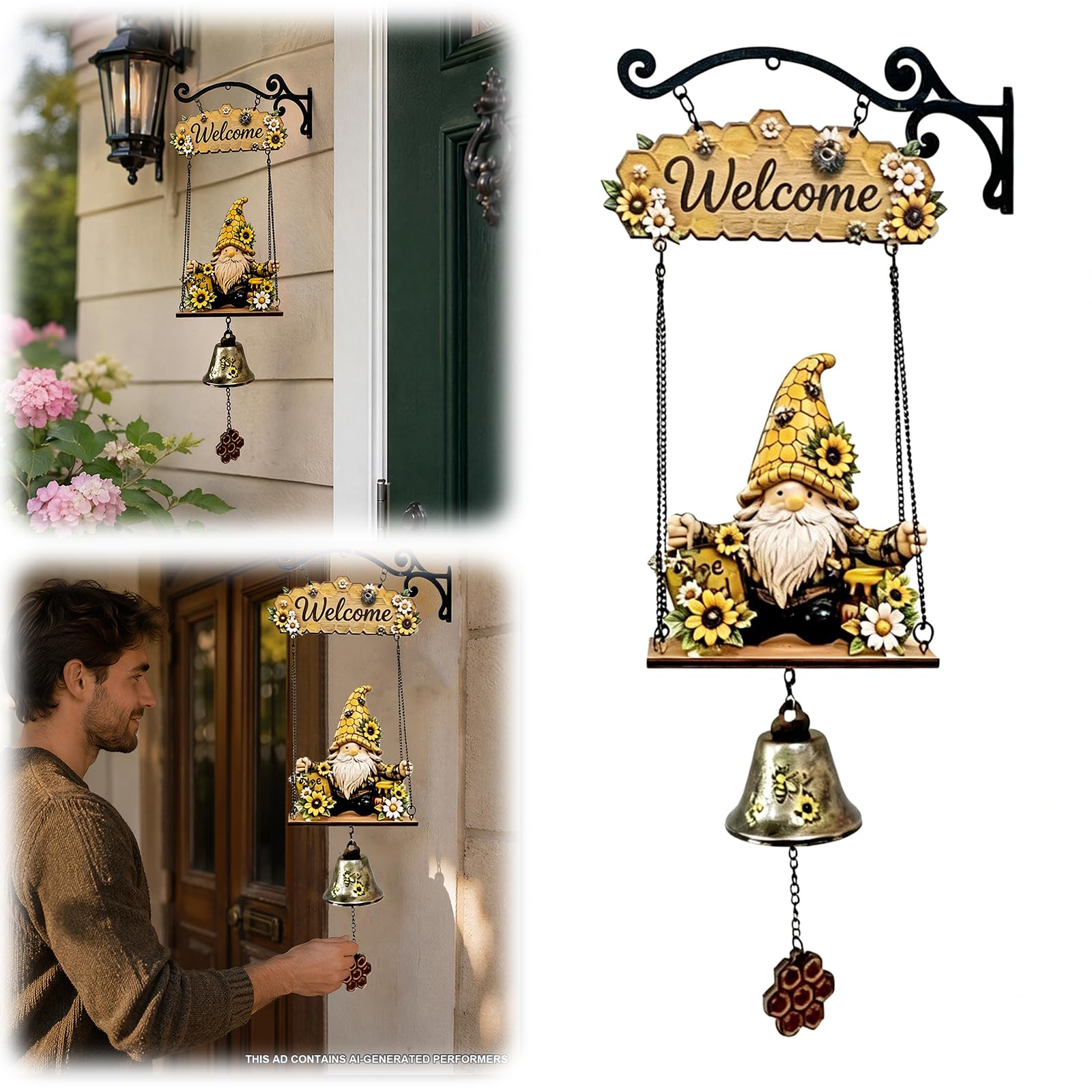 Rustic Garden Gnome Bell, Handmade Bee Sunflower Gnome Welcome Bell, Wall Mounted Hanging Doorbell for Farmhouse, Funny Decorative Bells for Front Porche Garden Fences