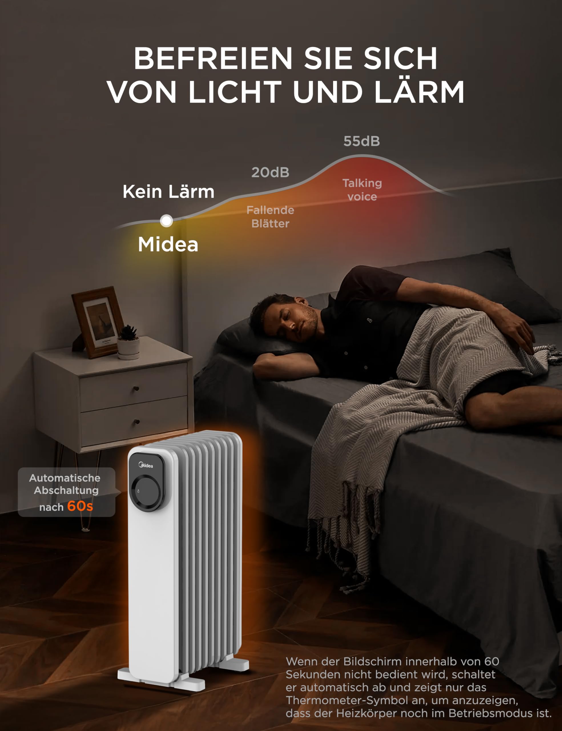 Midea NY2009-24UR Oelradiator, 2000W, 9 Rippen, mit Fernbedienung | 4 Modi, LED-Touchscreen, Thermostat, Kipp- & Ueberhitzungsschutz, 24H Timer, Leise