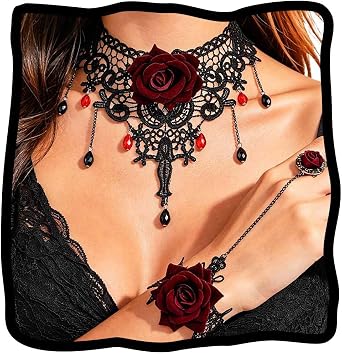 Gothic Rose Necklace Set Victorian Halloween Jewelry Sets for Women | Black Dark Red Necklace and Bracelet 2Pcs,Goth Vampire Cosplay Costume Accessories
