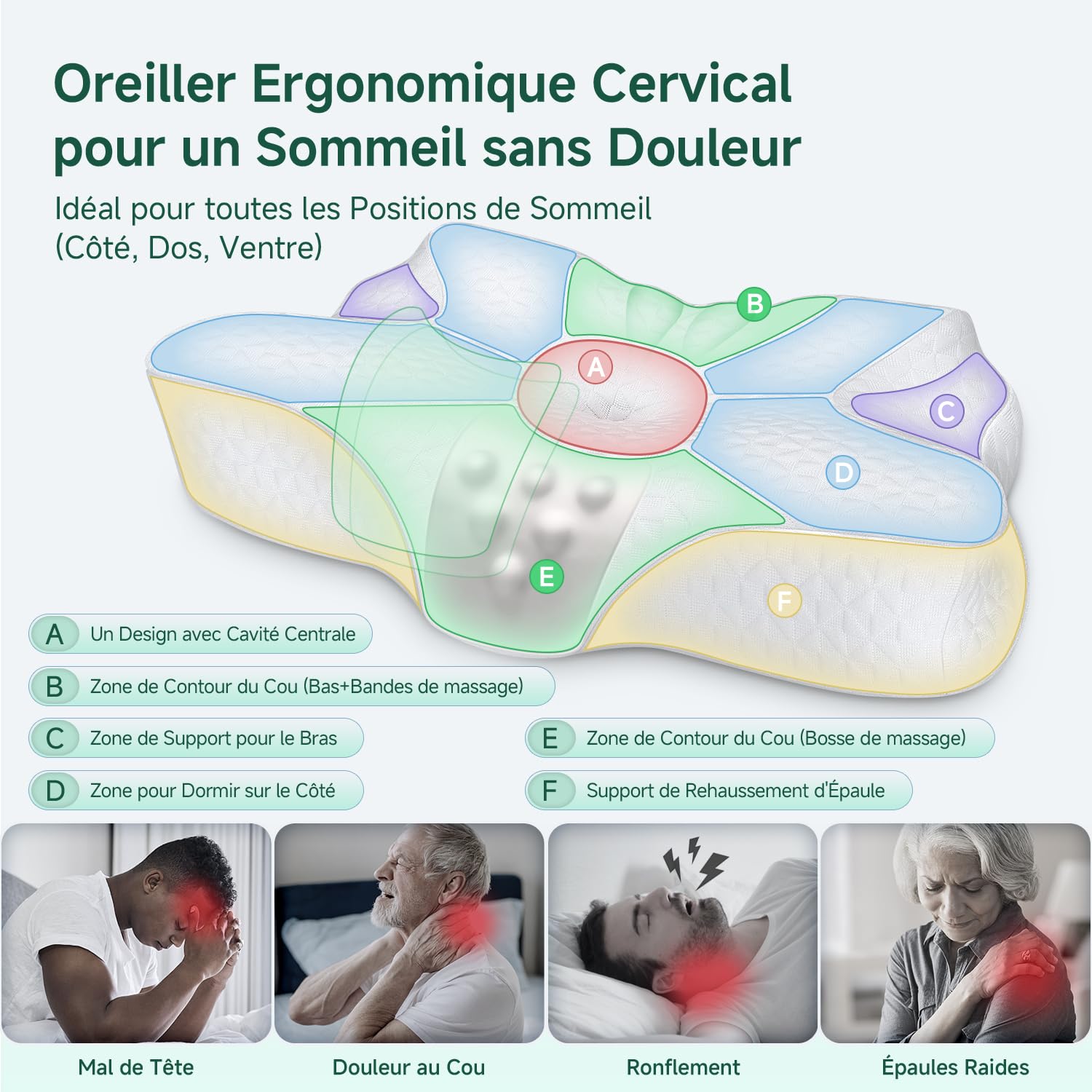 TESQ Oreiller Cervical Ergonomique 2 en 1 | Mousse à Mémoire de Forme, Hauteur Réglable, Dormeurs Côté et Dos, Taie Lavable, 60 x 40 x 9/12 cm