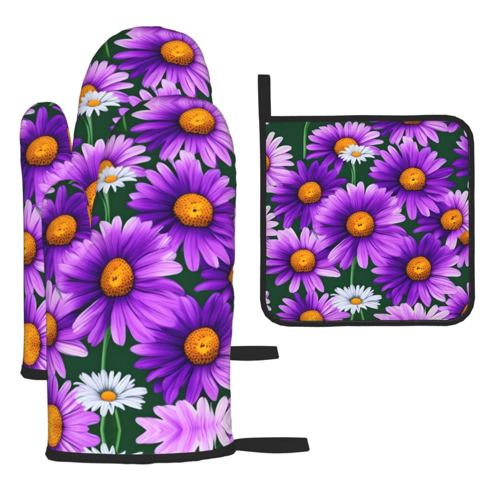 Purple Daisy Print Oven Mitts and Pot Holders,Non-Slip Pot Holders for Kitchen,Thick Potholders for Baking Grilling