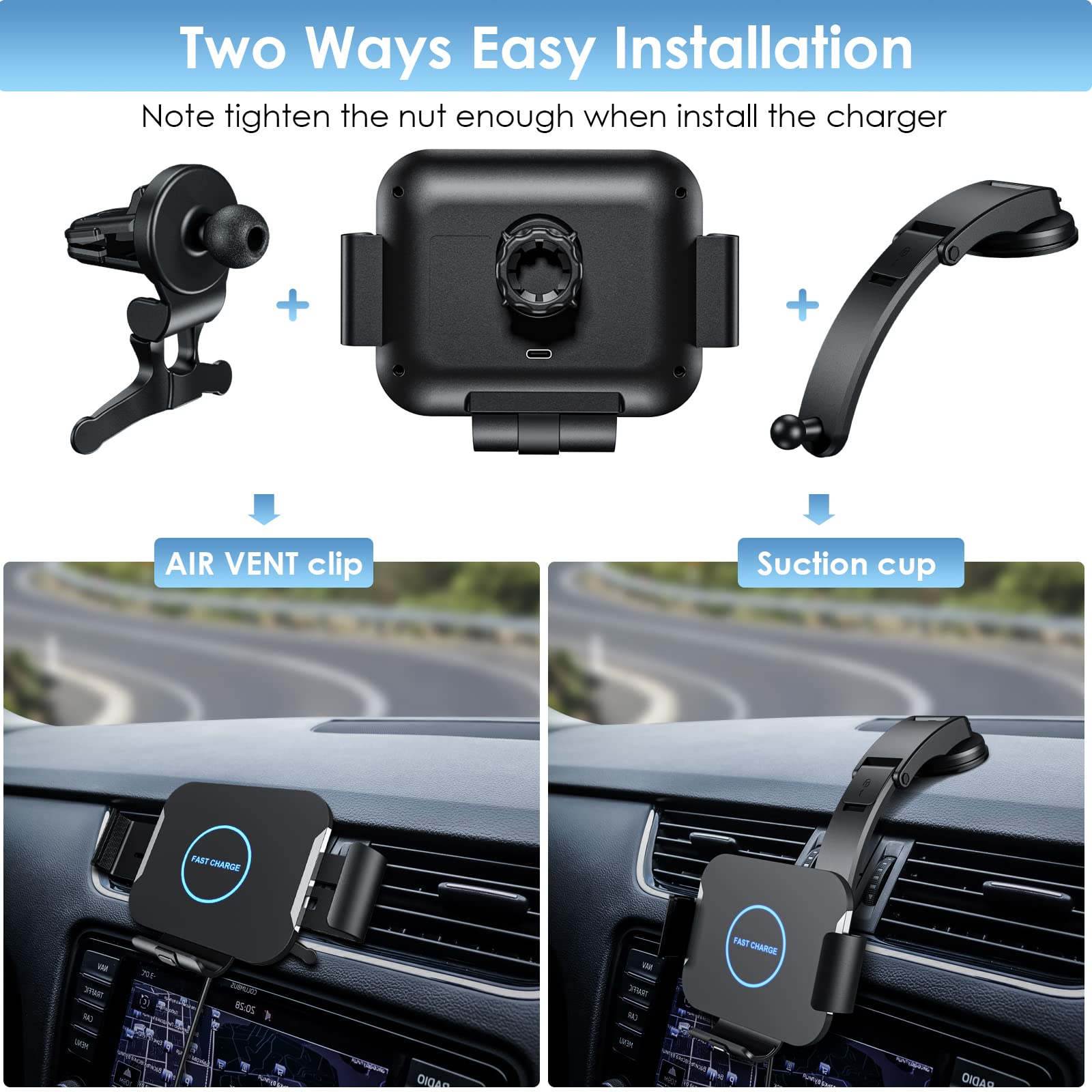 Qoosea Qi 15W Caricatore Wireless Auto, Doppia Bobina Caricabatteria da Auto Senza Fili Supporto Telefono per Bocchette e Cruscotto, Porta Cellulare Auto per Samsung Z Fold 4/3/2 iPhone Xiaomi Huawei