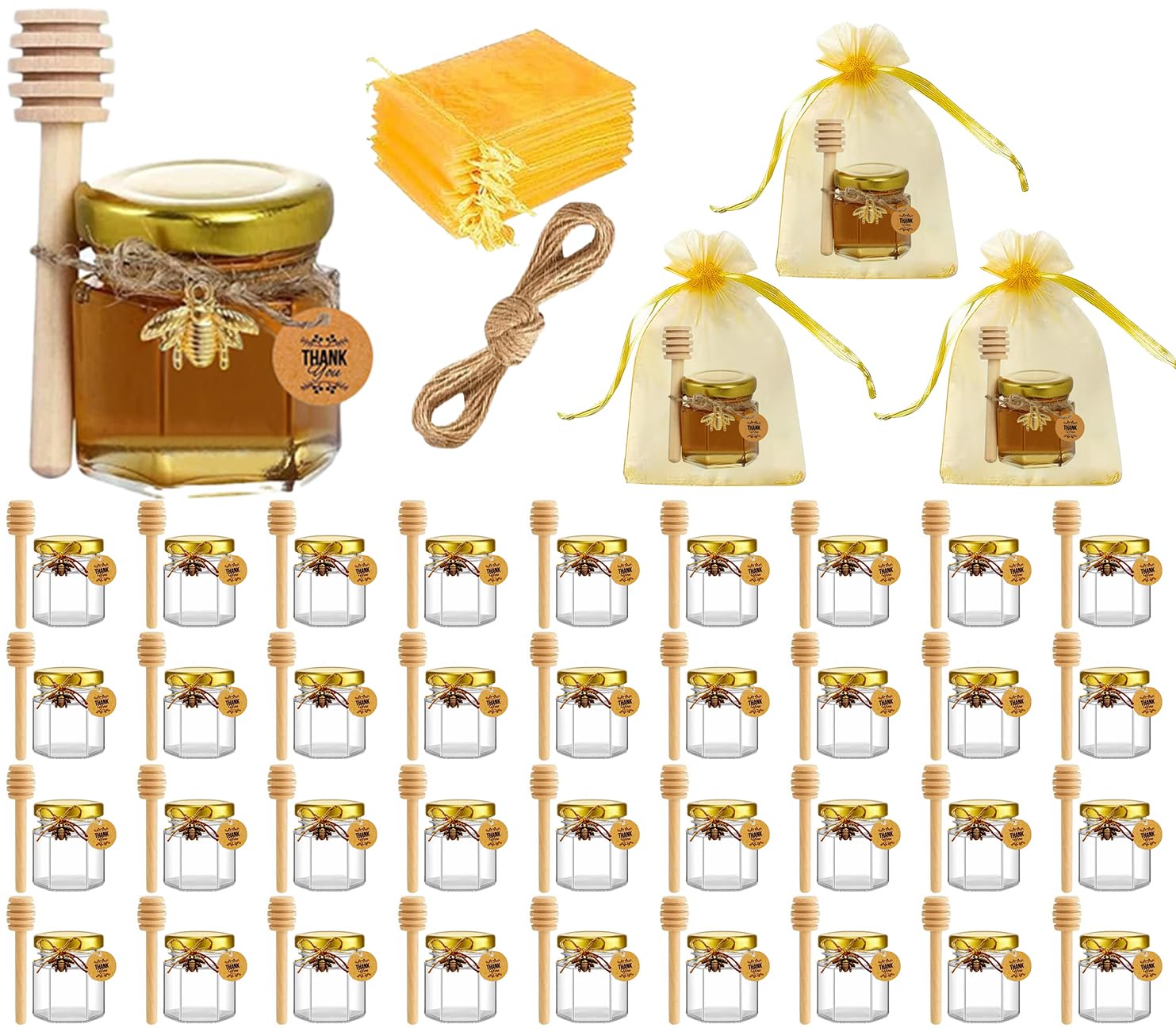 Lot de 40 pots de miel en verre, 45 ml - Mini pots en verre pour miel et confiture, avec petite cuillère, pendentif abeille, ficelles de jute, cartes de remerciement - Parfait pour les