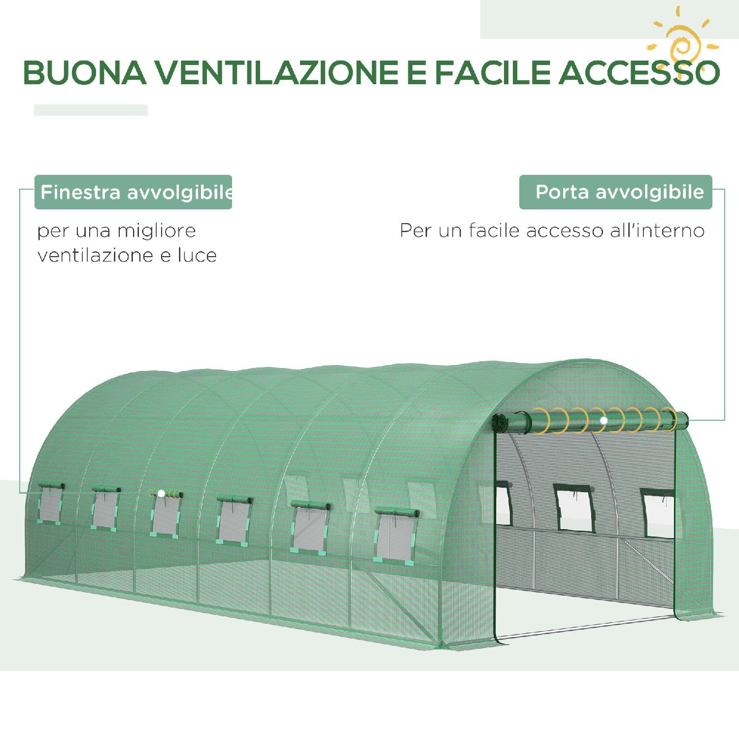 Telo per Serra da Giardino in Pe con 12 Finestre Porta Avvolgibile e Bordi Interrati 6x3x2 m Verde