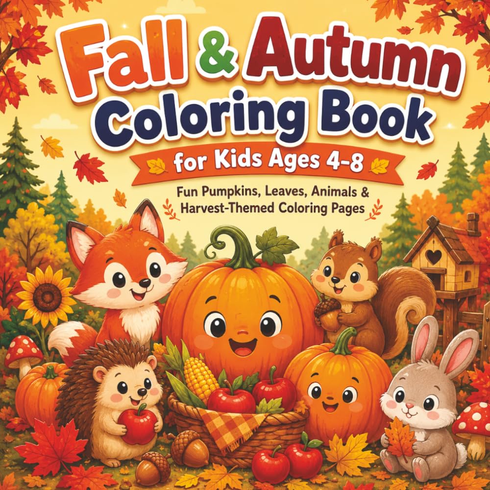 Fall & Autumn Coloring Book for Kids Ages 4–8: Fun and Easy Autumn Coloring Pages Featuring Pumpkins, Leaves, Acorns, Scarecrows, Forest Animals, and Cozy Fall Scenes for Boys and Girls