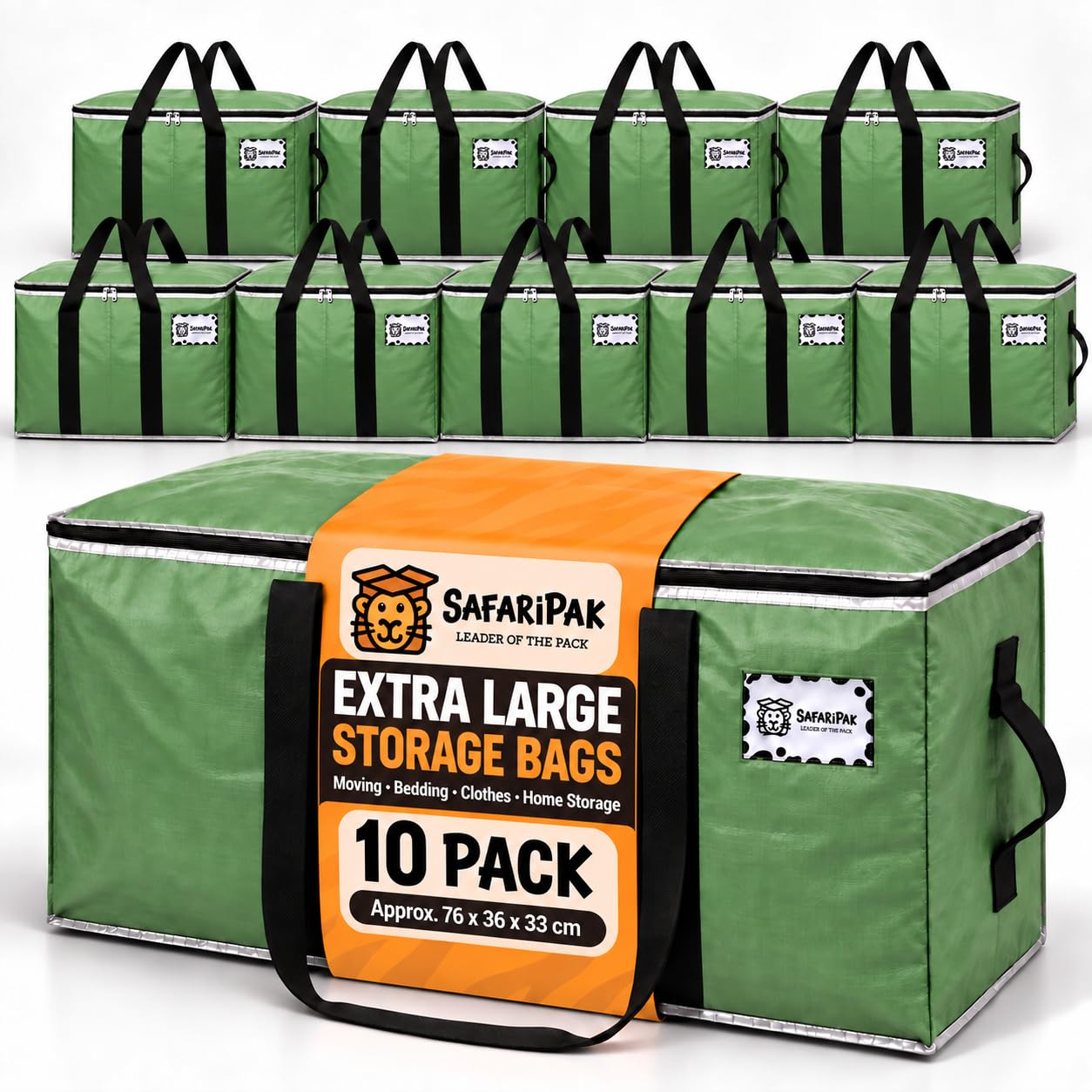 SAFARIPAK 10 Pack 90L Green Moving Bags Heavy Duty Packing Box Storage Bag