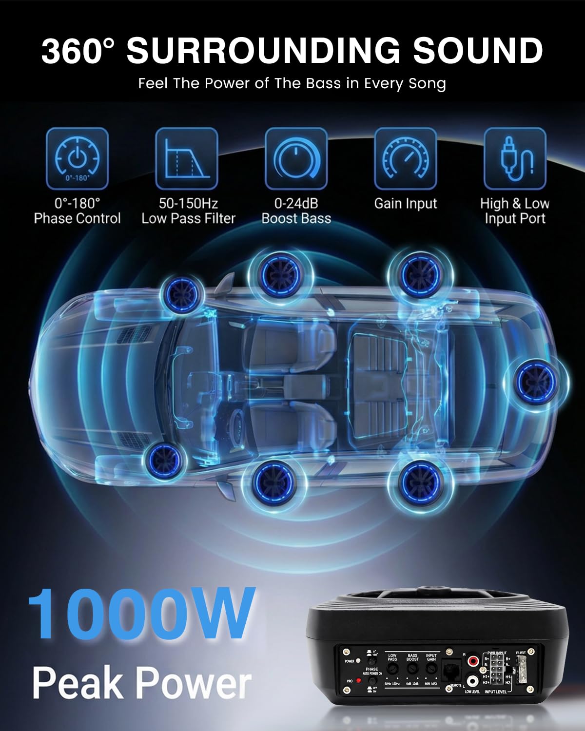 Caisson de Basse pour Voiture, Subwoofer Alimenté sous Le siège Ultra, Puissance Maximale de 1000W, Amplificateur Audio Intégré, Son Surround Stéréo, Subwoofer Compact de 7 Pouces, Noir