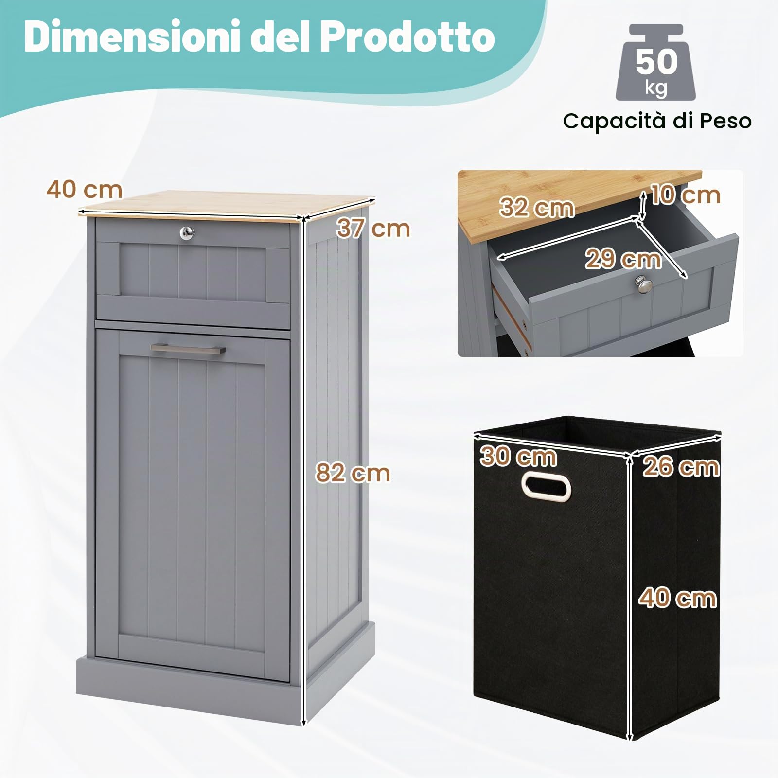 LIFEZEAL Cesto Portabiancheria, 32L, Portabiancheria Sporca, in Legno, Porta Biancheria Sporca per Bagno, con Cassetto e Sacco Rimovibile in Tessuto, Portabiancheria Salvaspazio, 40x37x82cm (grigio)
