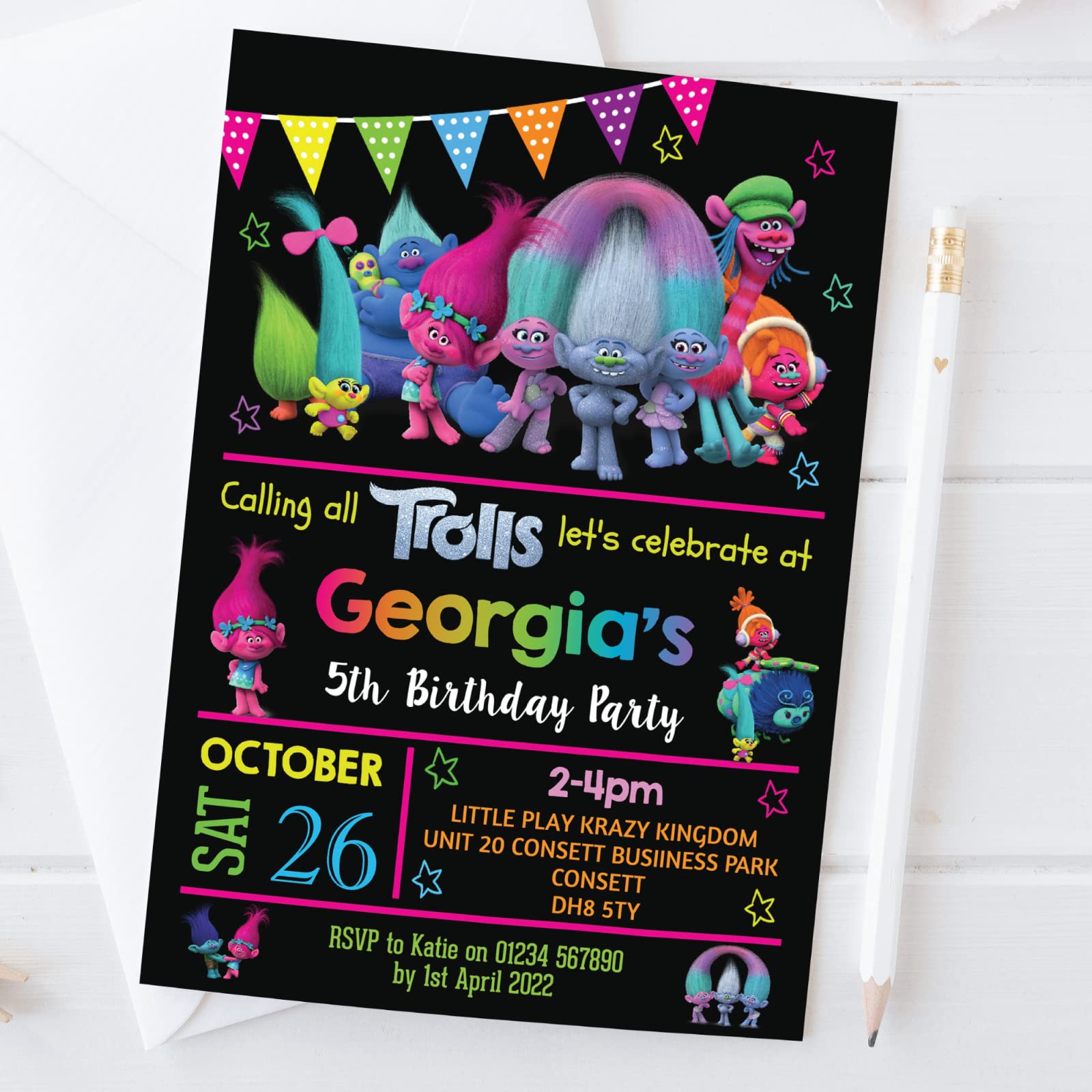 Personal Moments Girls Multicolor 10 Personalised Trolls Birthday Party Invites Invitations Kids + Free Envs