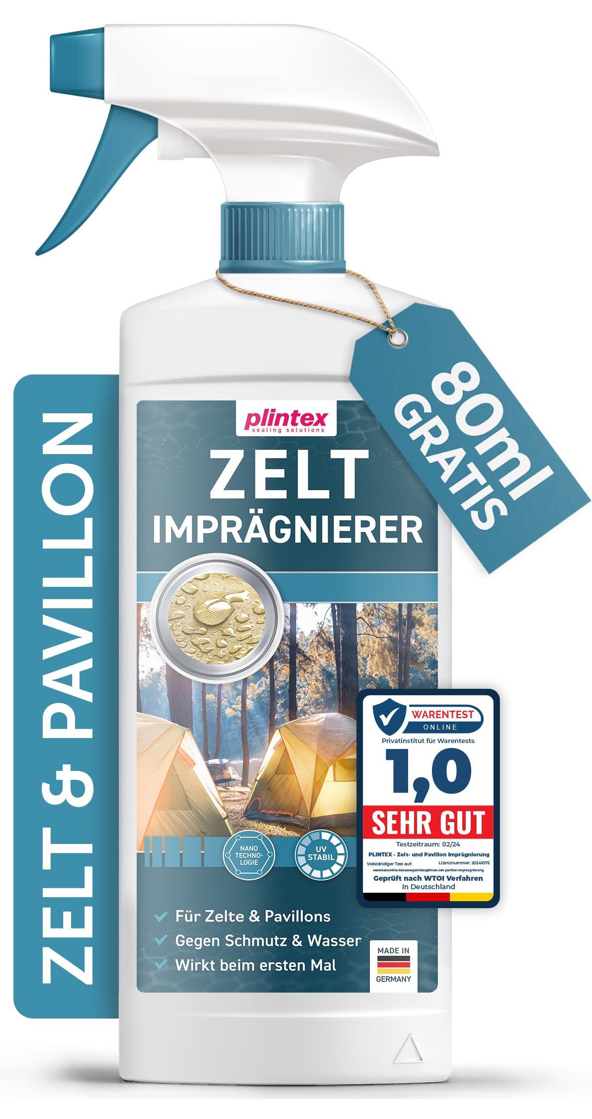 PLINTEX® Zelt & Pavillon Imprägnierung 580ml - Imprägnierspray für Zelte, Markisen, Sonnenschirm oder Pavillons - effektiver Flächen- & Nahtdichter für Zelte - dermatologisch getestet & atmungsaktiv