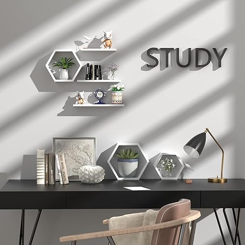 Miniatura 5 de Estantes flotantes hexagonales de madera montados en la pared juego de 6 estantes flotantes geométricos para decoración de pared estantes de pared