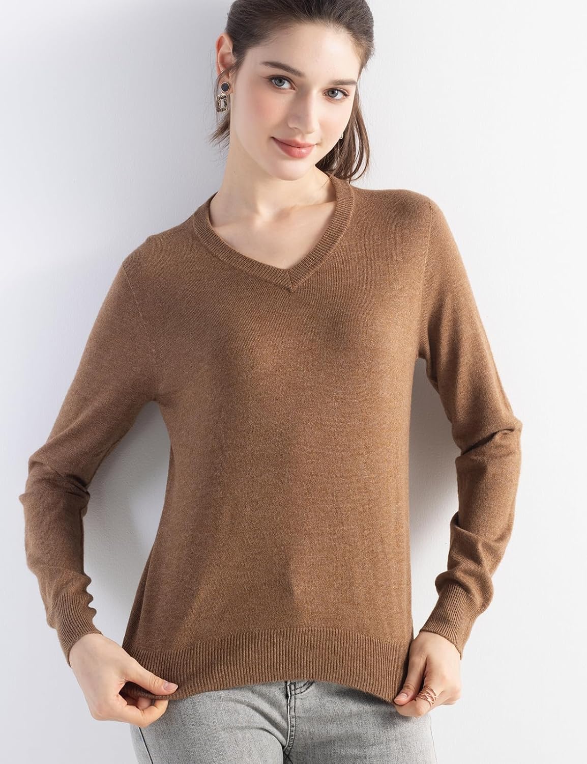 Women's Merino Wool Blend Sweater Fall Winter V Neck Long Sleeve First-Line Ready to Wear Seamless Knit Sweater - Image 5