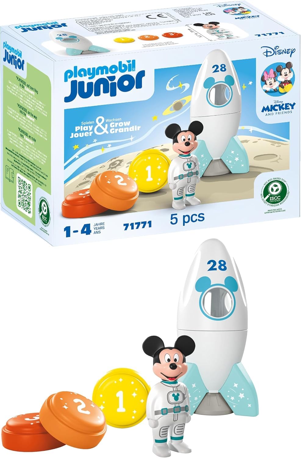 PLAYMOBIL JUNIOR & Disney Razzo di Topolino e avventura spaziale, Giocattolo sostenibile da 1 anno, Regalo per i più piccoli, Favorisce l'immaginazione e il primo apprendimento, 71771