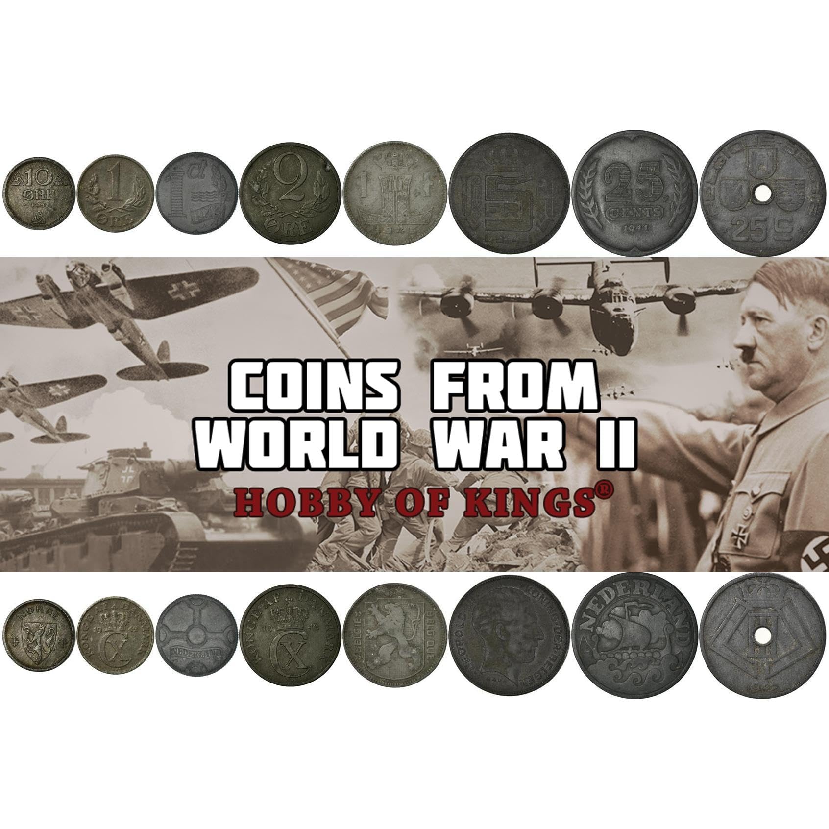 WWII Occupied Territories Coins - 8 Wartime Coins - 1941-1945 - Belgium, Netherlands, Denmark, Norway - Issued Under German Occupation