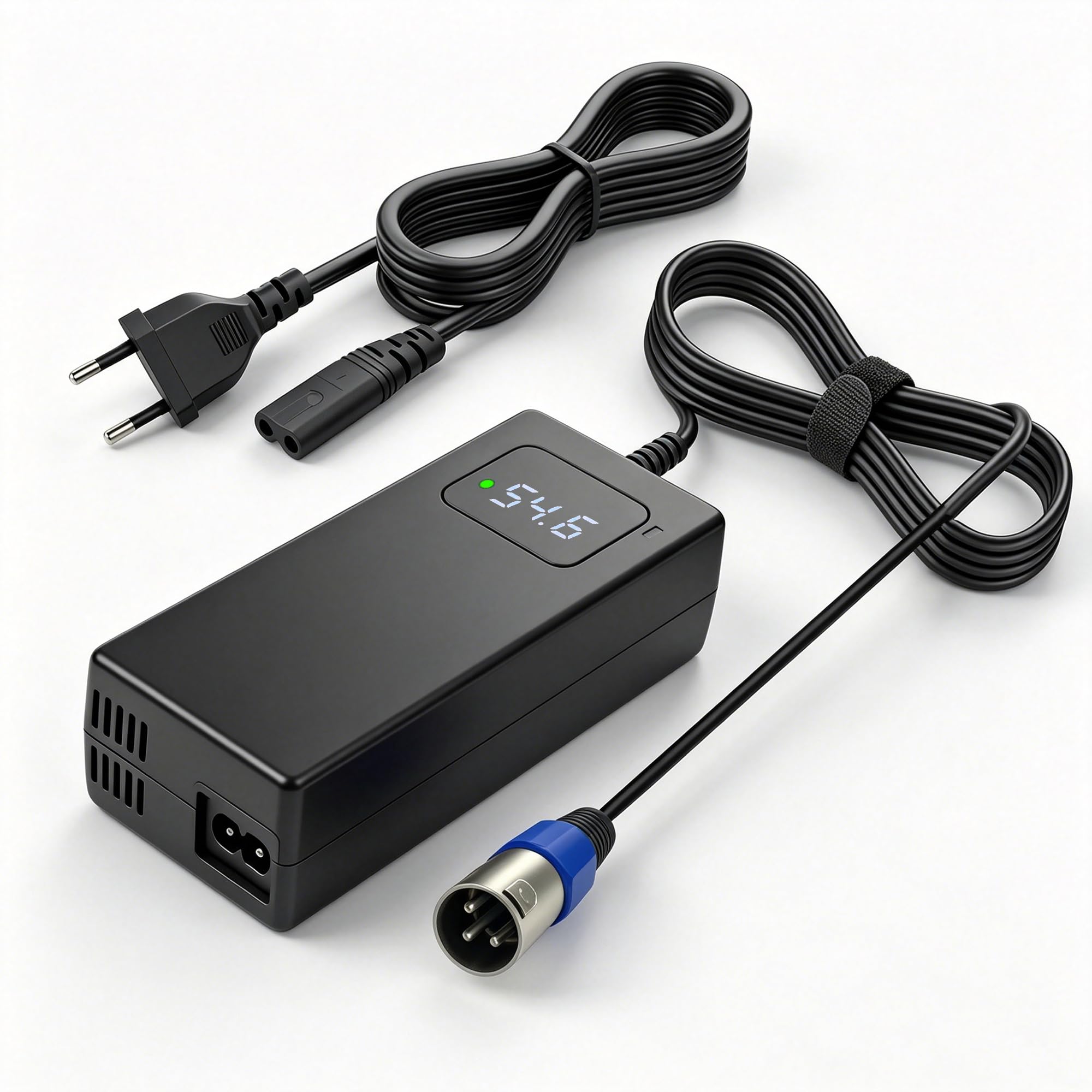 Chargeur 54,6V 2A pour Batterie Lithium 48V de vélo électrique | Affichage tension en temps réel, ventilateur intelligent, protections multiples, connecteur XLR 18mm