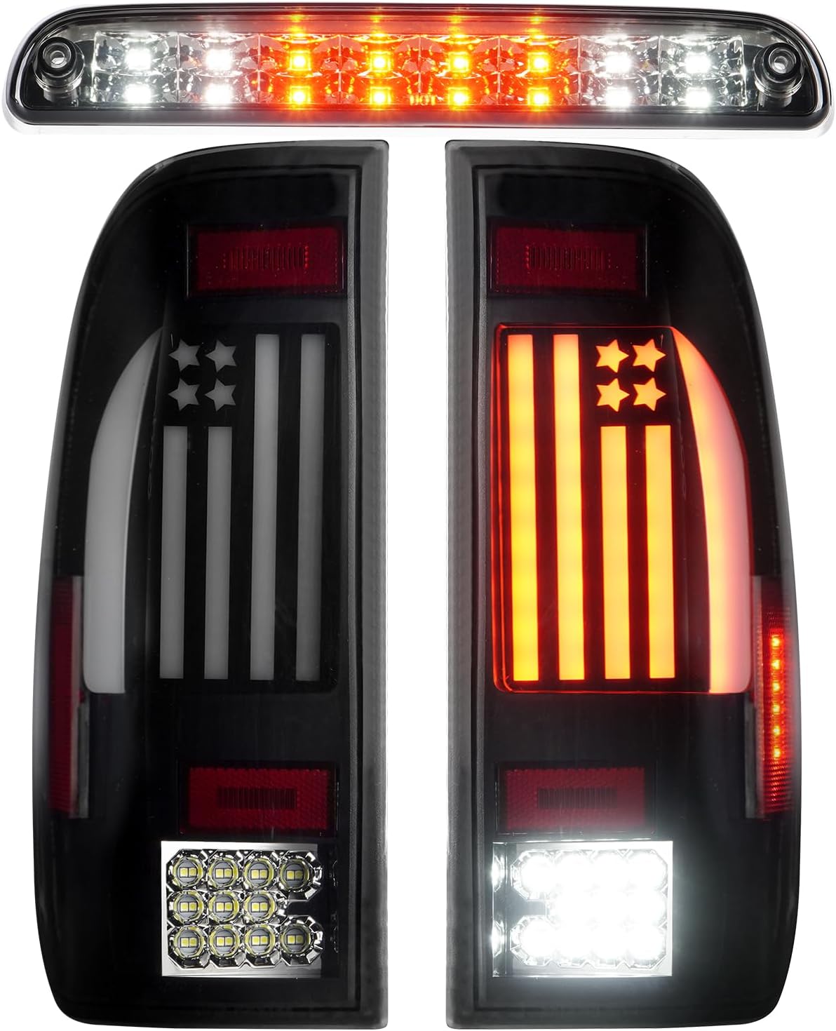 LED Tail Lights + 3rd Third Brake Light Kit Fit for Ford F250 F350 F450 F550 Super Duty 1999-2007, Taillights and High Mount Stop Light, 3Pcs, Smoke Lens