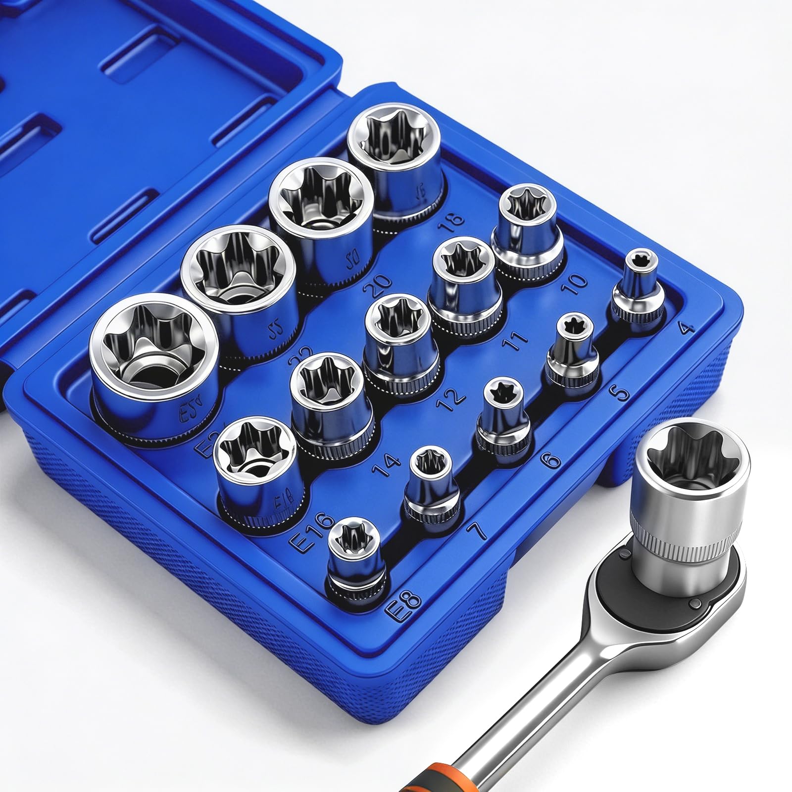 Set di chiavi a bussola Torx, set di bussole a stella esterna, set di chiavi a bussola con profilo E, con scatola di stoccaggio blu per bussole da 1/4, 3/8, 1/2 pollici