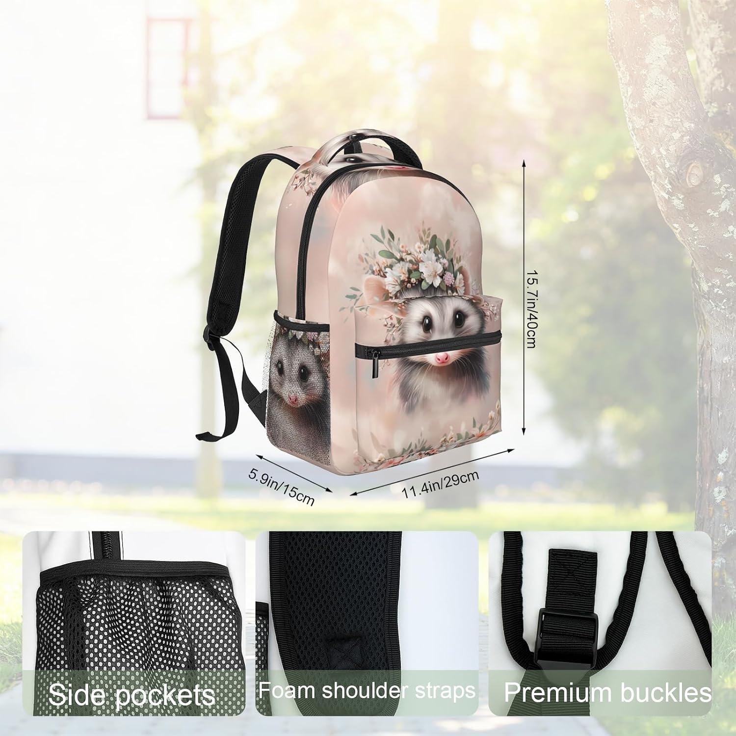 Cute Opossum Wreath Backpack, Polyester Backpacks with Straps, 11.4inx5.9inx15.7in, Multi-Pocket Storage Bookbag, Ideal For School Work Travel Hiking Camping, Girls Women Nature Lovers Gifts