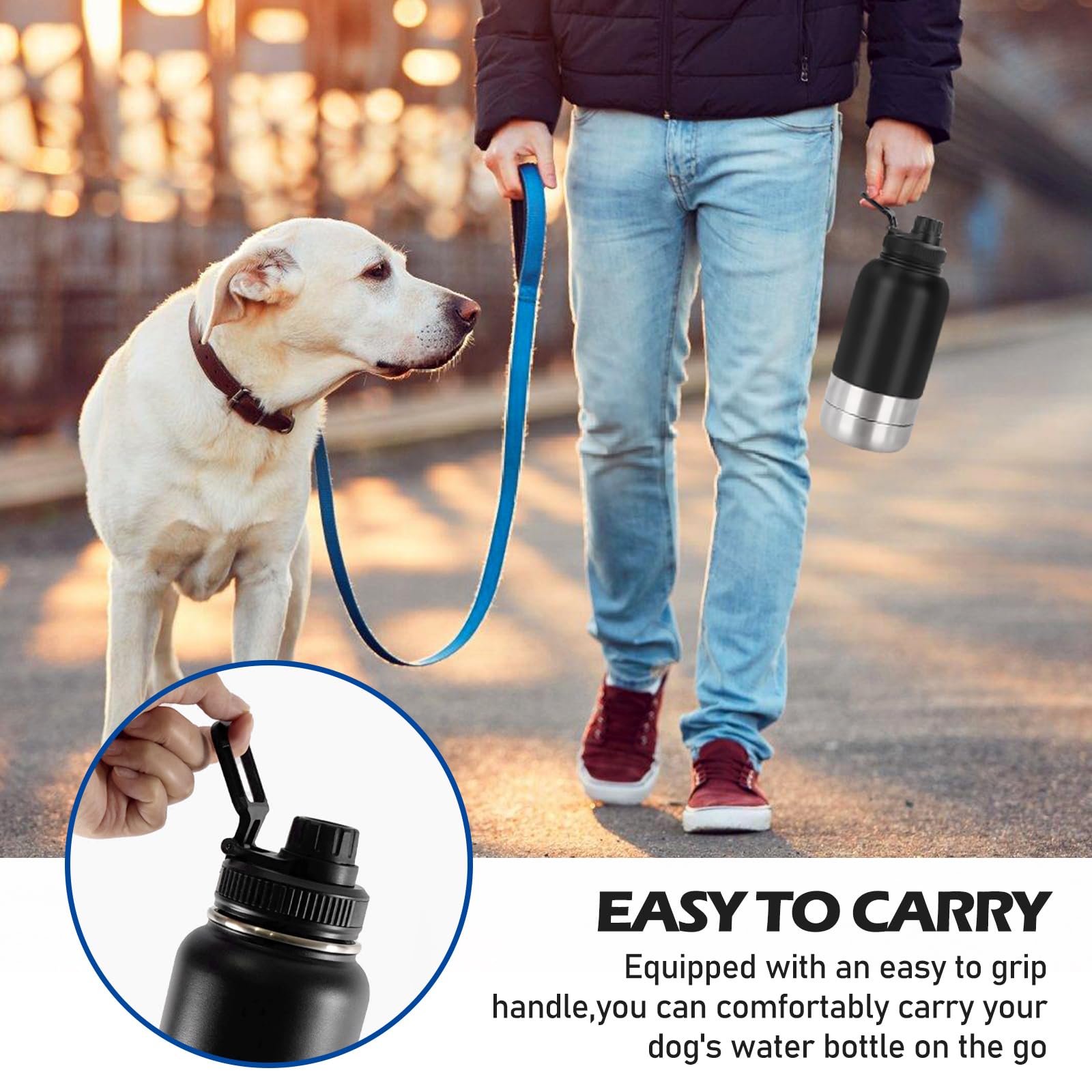 Borraccia per cani da viaggio, 950 ml, per cani, in viaggio, per cani, in acciaio inox, isolata, con ciotola per acqua e ciotola, accessorio per cani per passeggiate, senza BPA