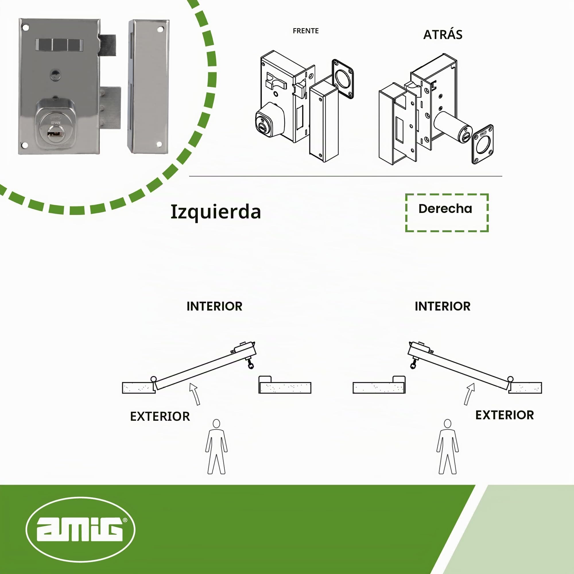 Amig - Cerradura de Sobreponer de Derecha con Palanca de Cierre, Lengüeta y Tirador para Puertas de Madera Mod. 75, 67 x 112 mm, Cilindro Redondo de Seguridad, Acero Plateado