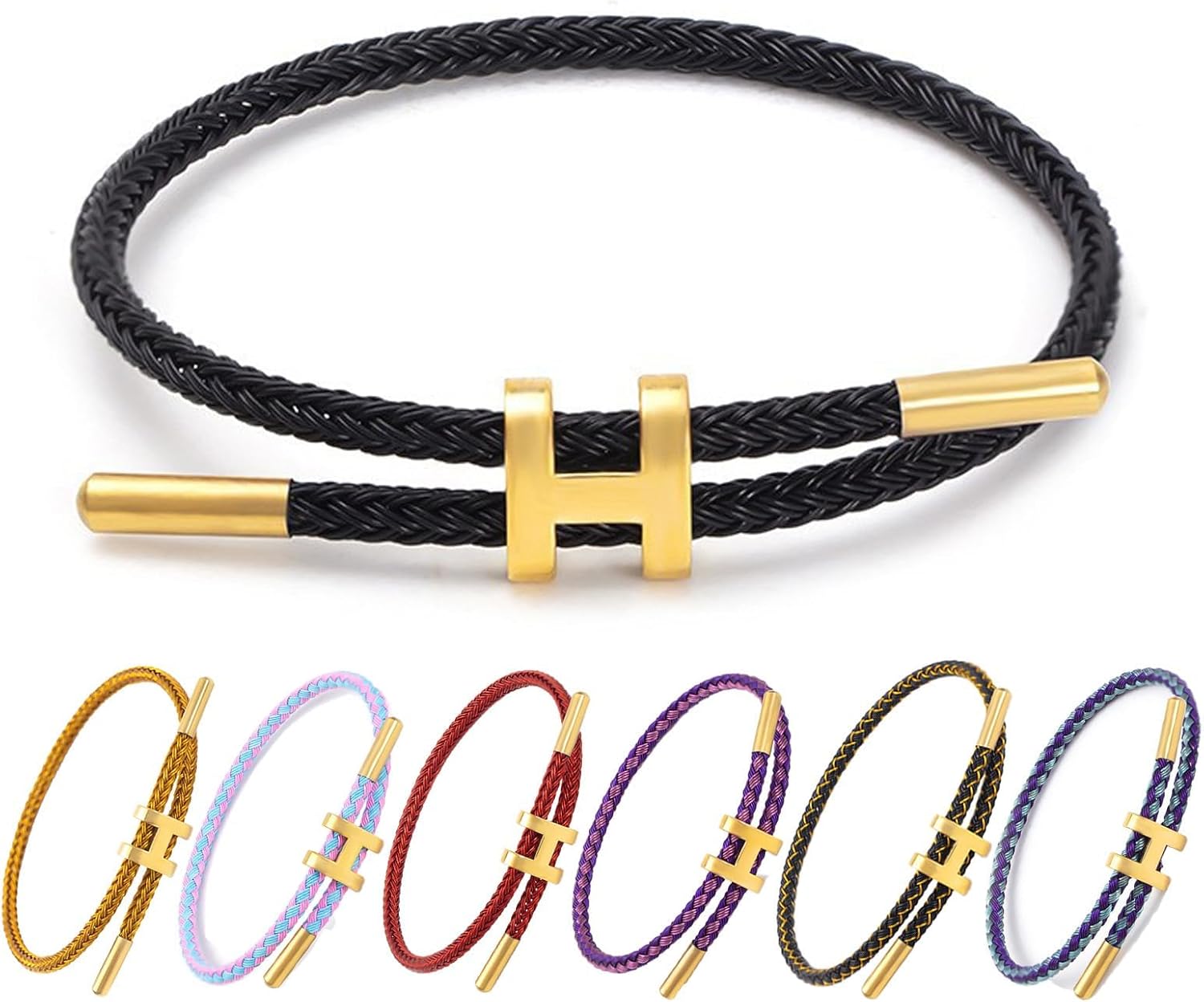 Lxeqiony Titanium Steel Women’s Gold Plated Bracelet, H Shape Design Hand Polished with Adjustable String Bracelet Stylish and simple The ultimate fashion accessory for women, men and girls!