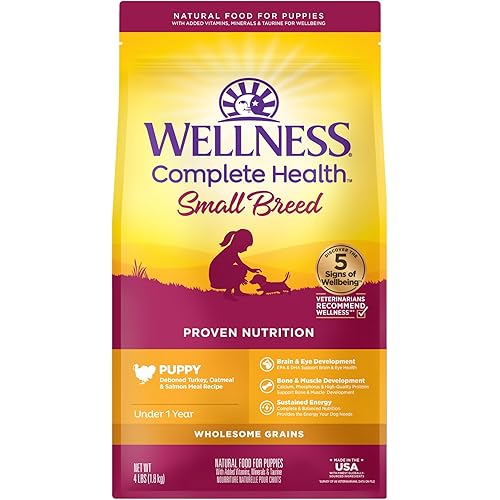 Wellness Complete Health Small Breed Dry Dog Food with Grains, Natural Ingredients, Made in USA with Real Turkey, For Dogs Up to 25 lbs. (Puppy, Turkey, Salmon & Oatmeal, 4-Pound Bag)