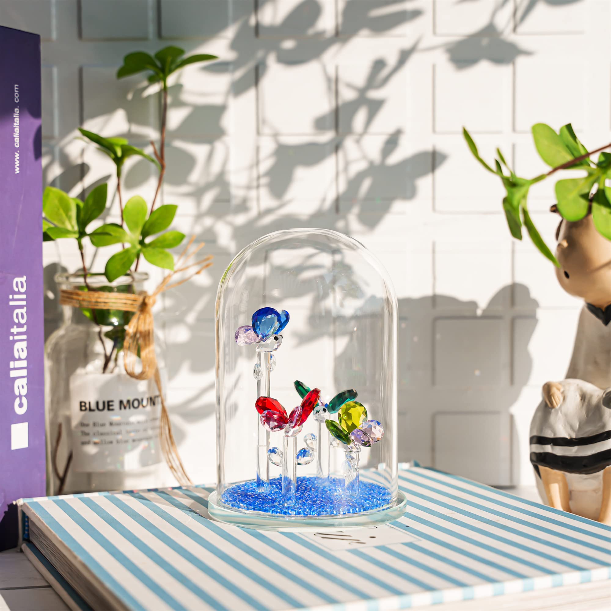 H&D HYALINE & DORACrystal Butterfly Bell Jar Figurine Gift for Women, 4pcs Colorful Butterfly in Glass Dome,Glass Butterfly Ornament Table Decor