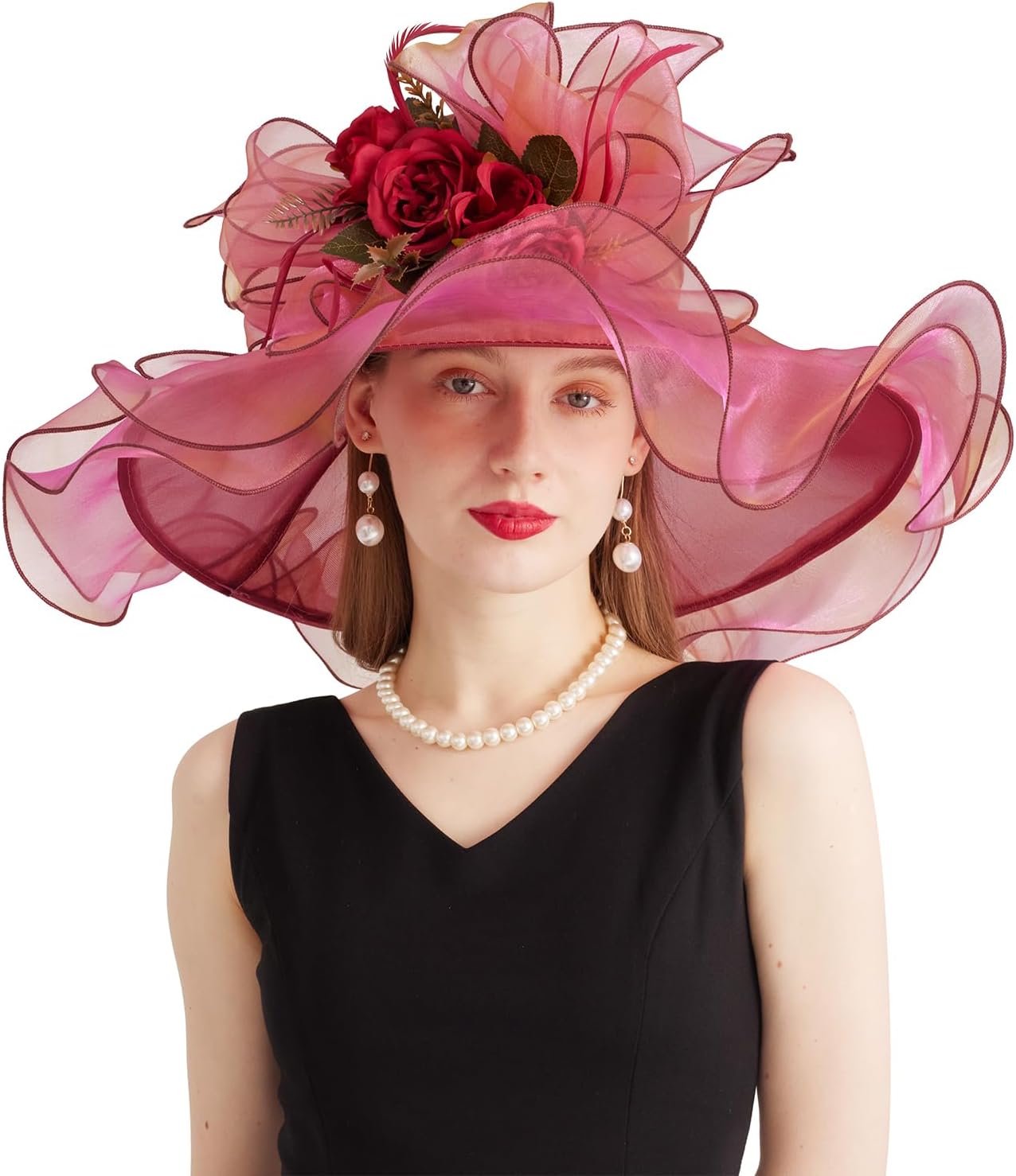 Women Derby Fascinator Hat Organza Church Wedding Hats Wide Brim Cocktail Tea Party Hat