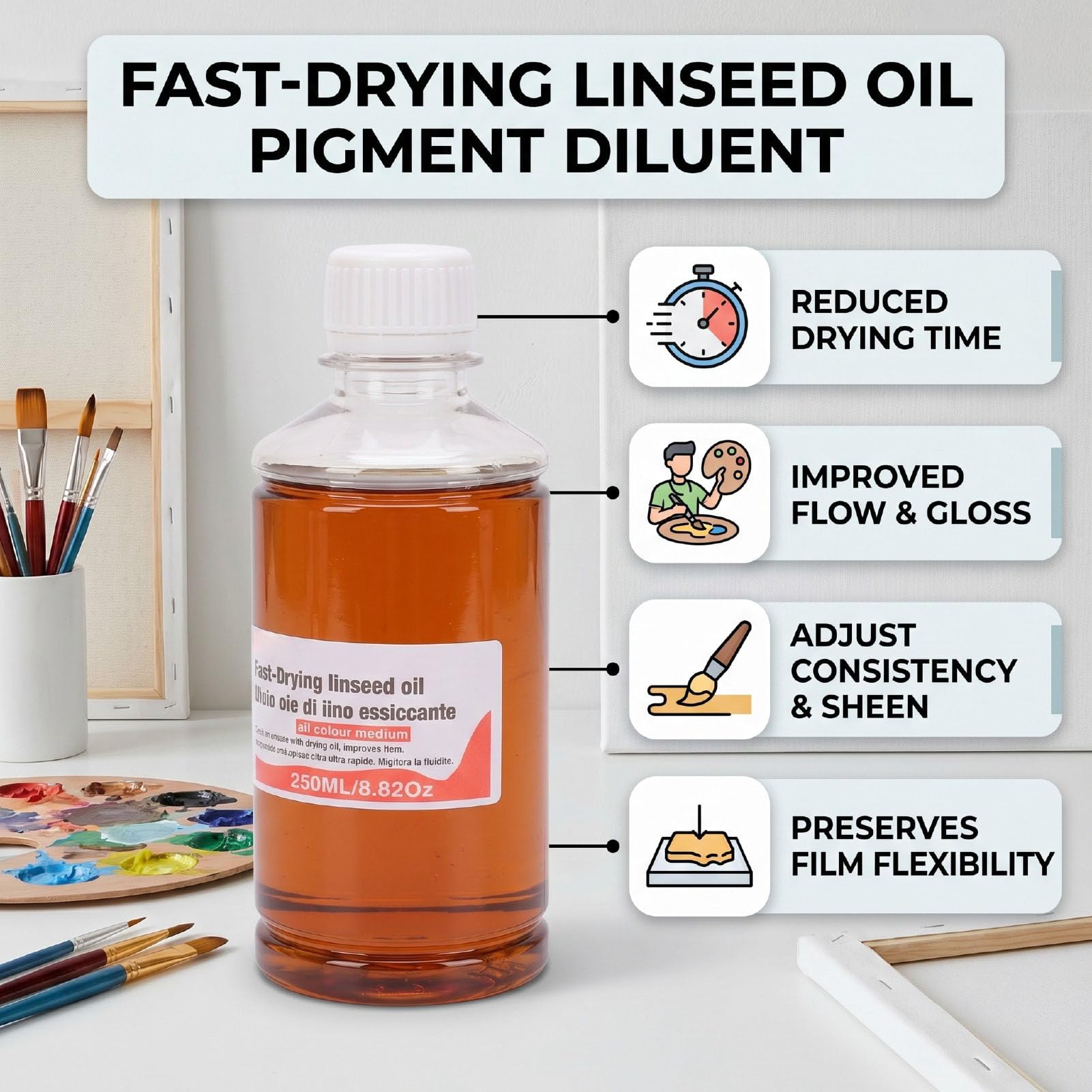 Huile de Lin à Séchage Rapide de 250ML, Diluant Pigmentaire pour Peinture, Améliore le Flux, la Transparence et le Brillant