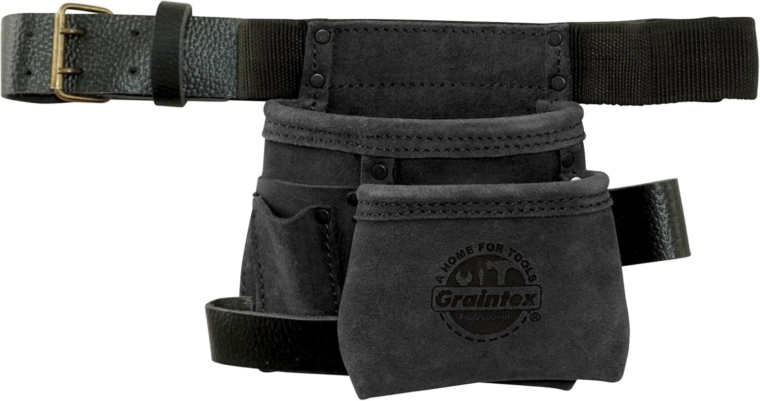 Graintex 4 Pocket Children Tool Pouch Suede Leather with Leather Belt and Hammer Loop